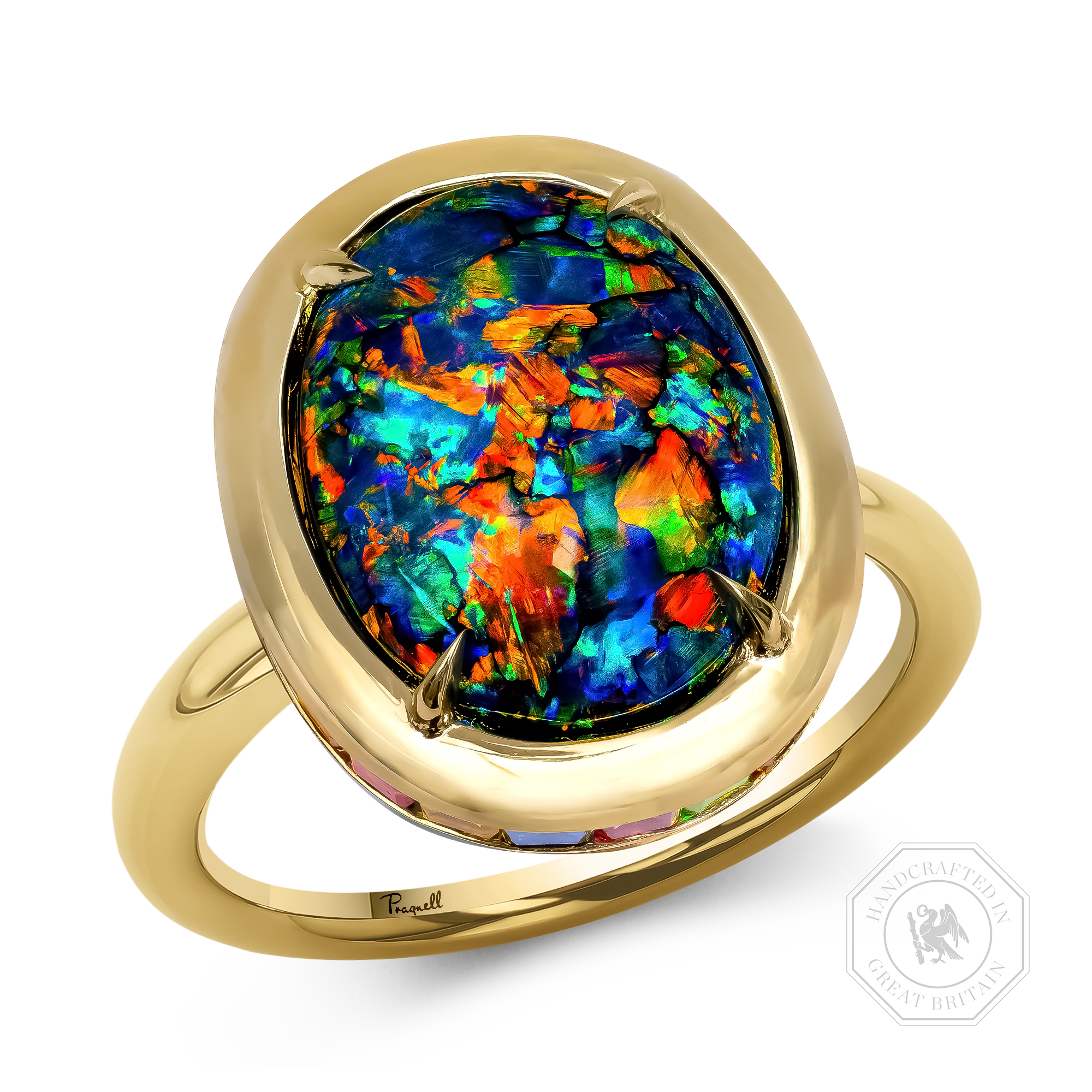 Masterpiece Skimming Stone Australian Black Opal, Sapphire, Paraiba, Ruby and Tsavorite Ring Cabochon Cut, Claw Set_1