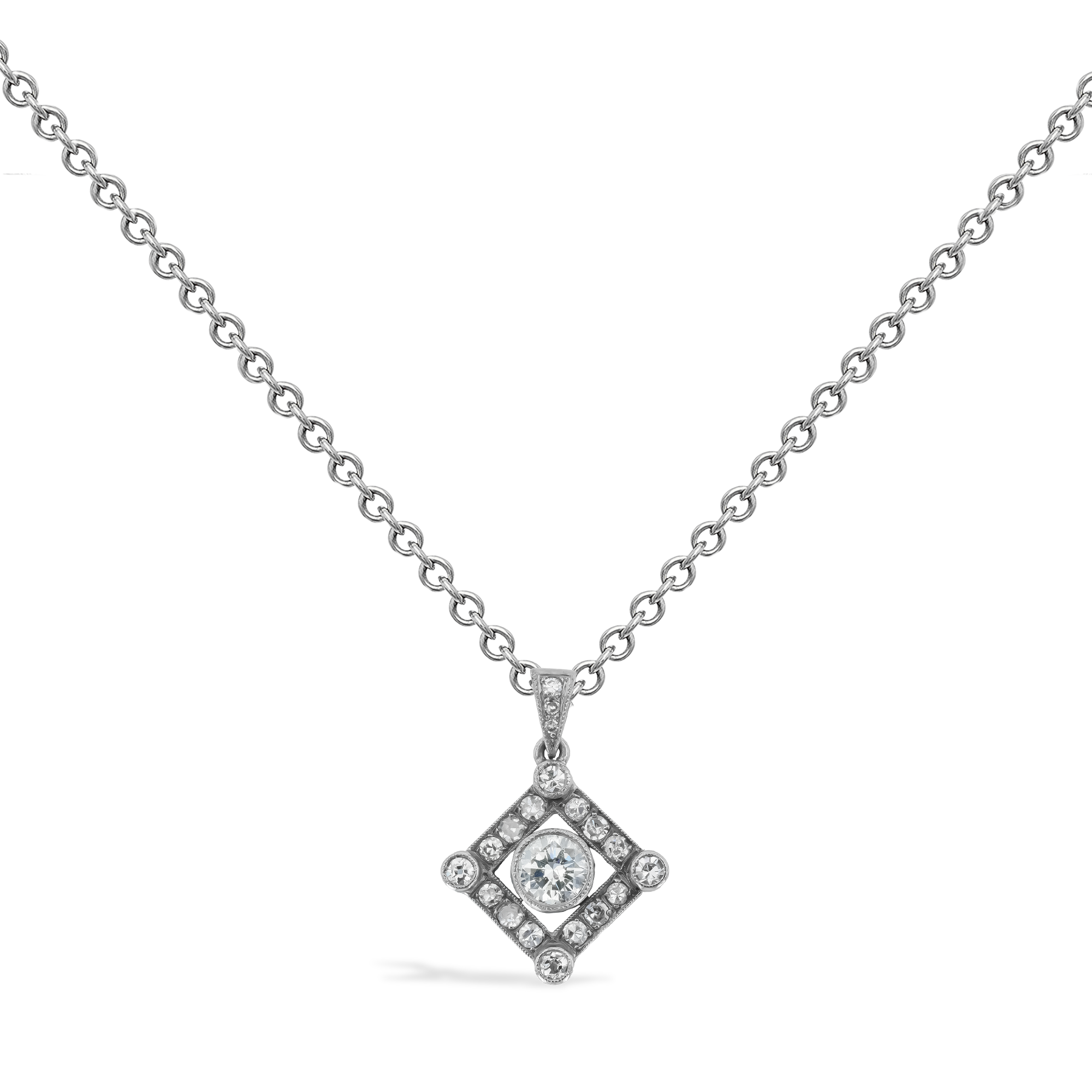 Edwardian Old Cut Diamond Square Pendant Old European Cut, Millegrain Set_2