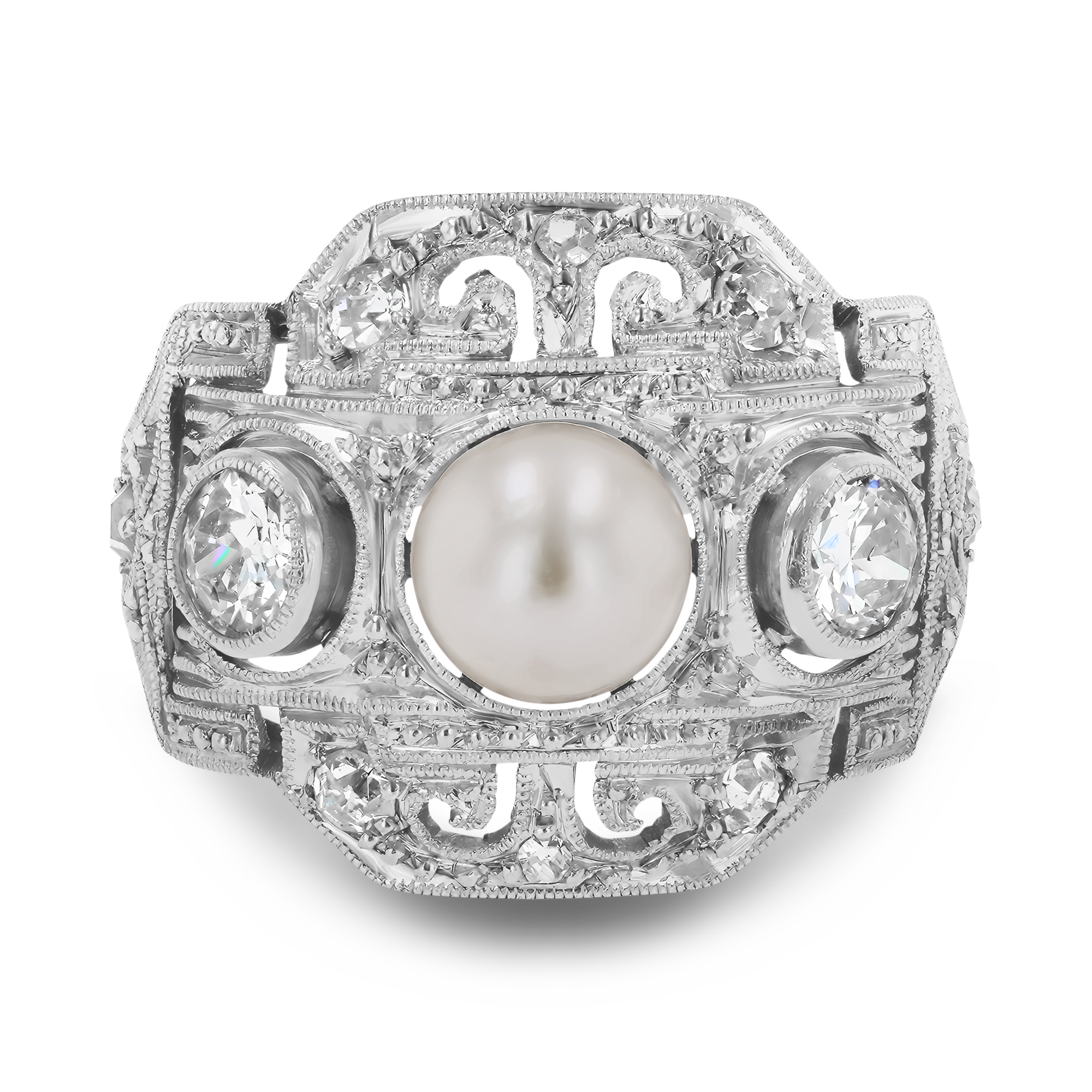 Edwardian Pearl and Old European Cut Diamond Curved Plaque Ring Rubover & Grain Set_2
