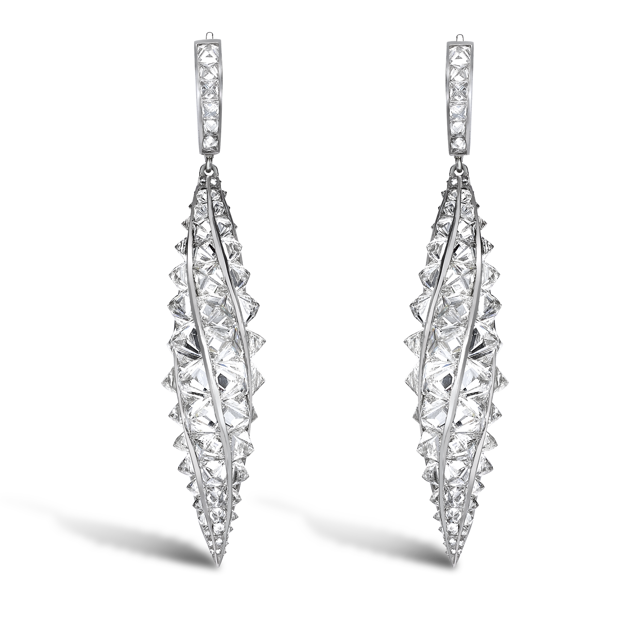 Masterpiece 18.34ct Inverted Diamond Twirl Drop Earrings Princess Cut, Channel Set_1