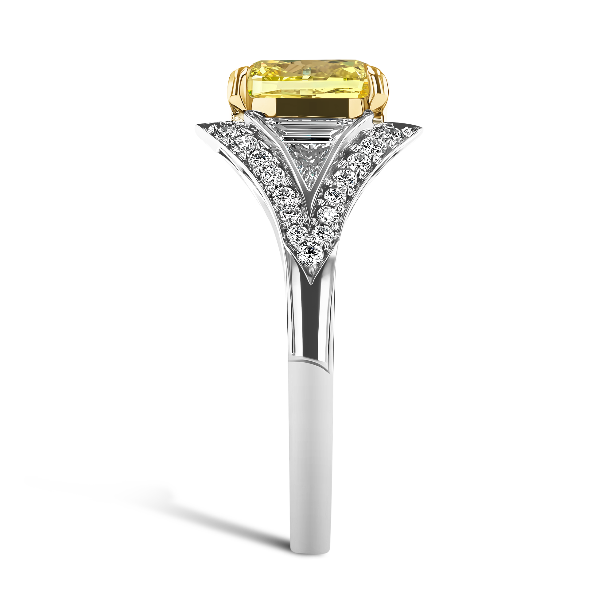 Masterpiece Astoria Fancy Vivid Yellow Radiant Cut Diamond Ring Radiant, Tapered Baguette, Triangular Corner & Brilliant Cut, Claw Set_4