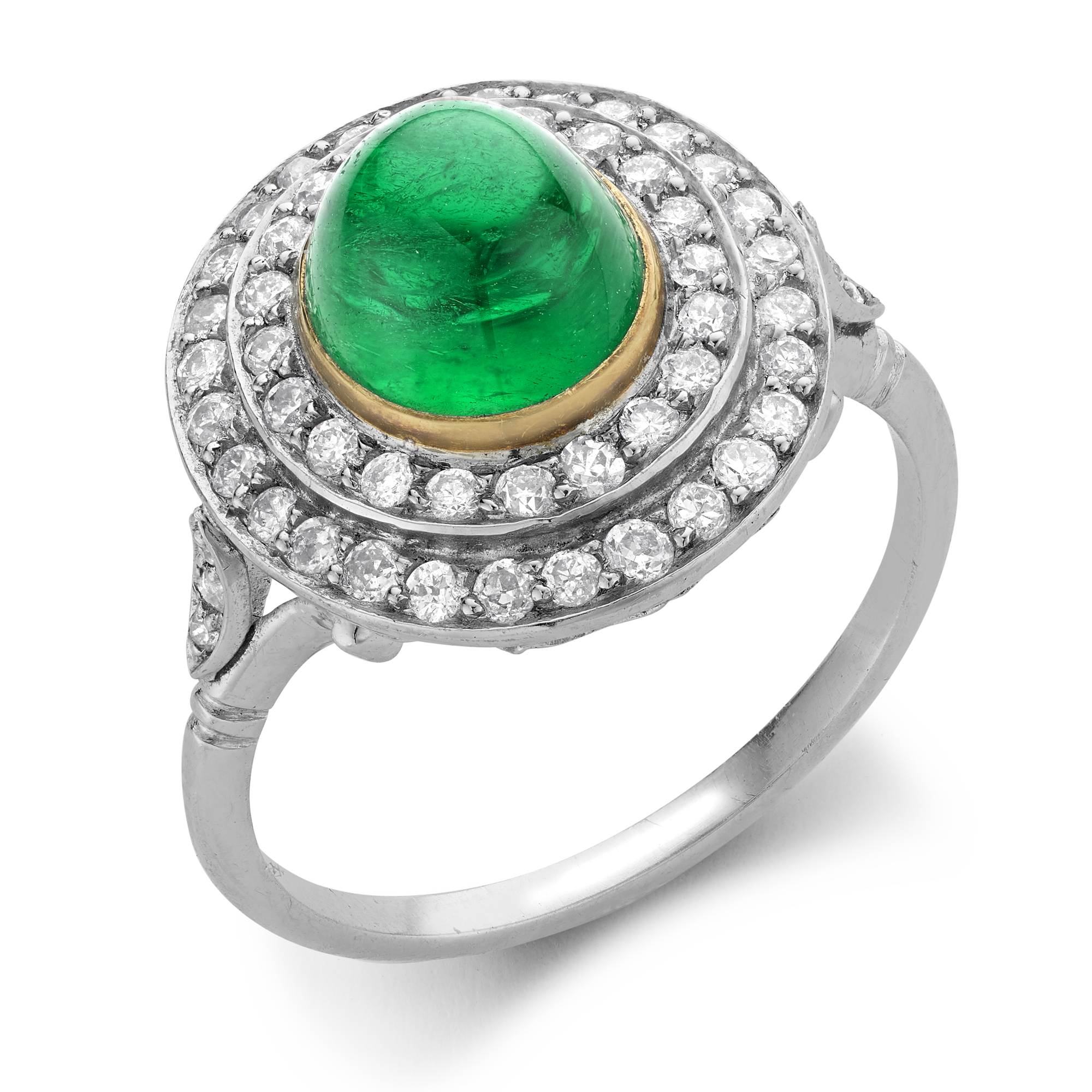 Edwardian Cabochon Colombian Emerald Target Ring Cabochon & Old Cut, Rubover & Claw Set_1