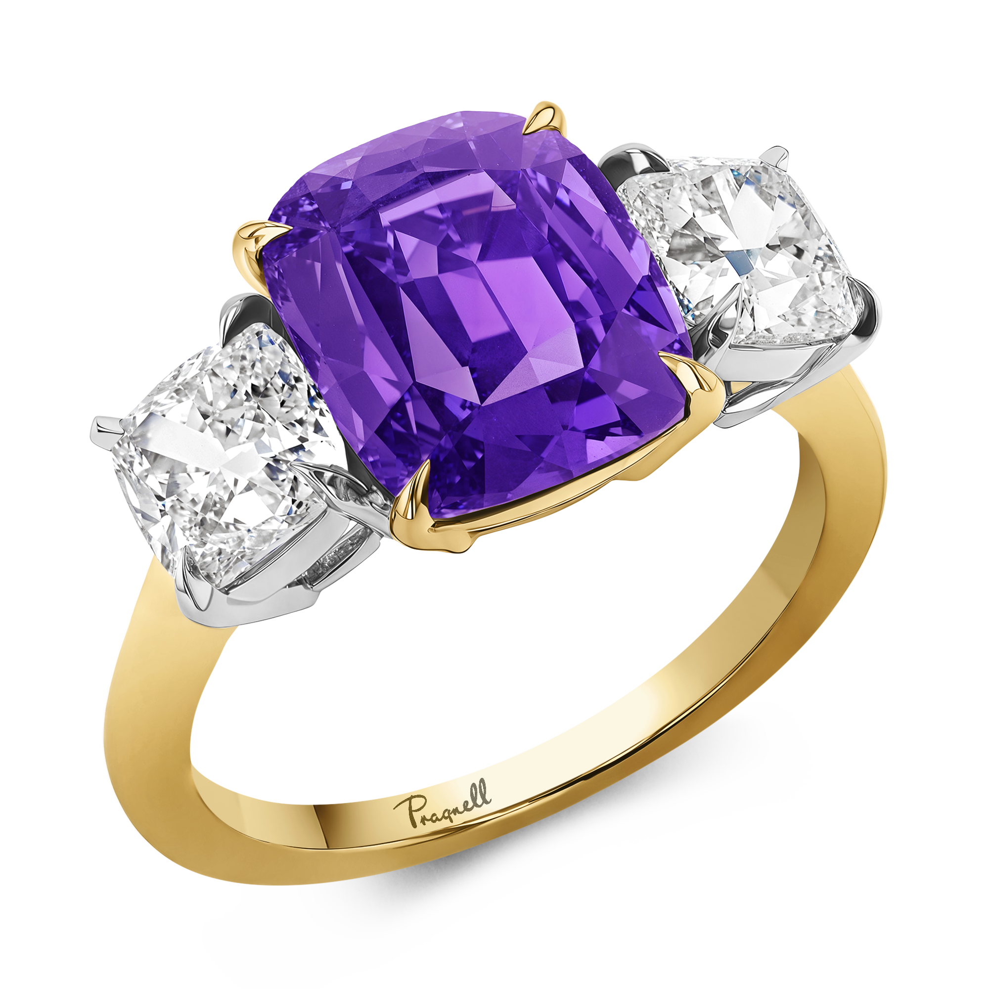 Masterpiece 5.41ct Colour Change Sapphire and Diamond Three Stone Ring Cushion modern cut, Claw set_1