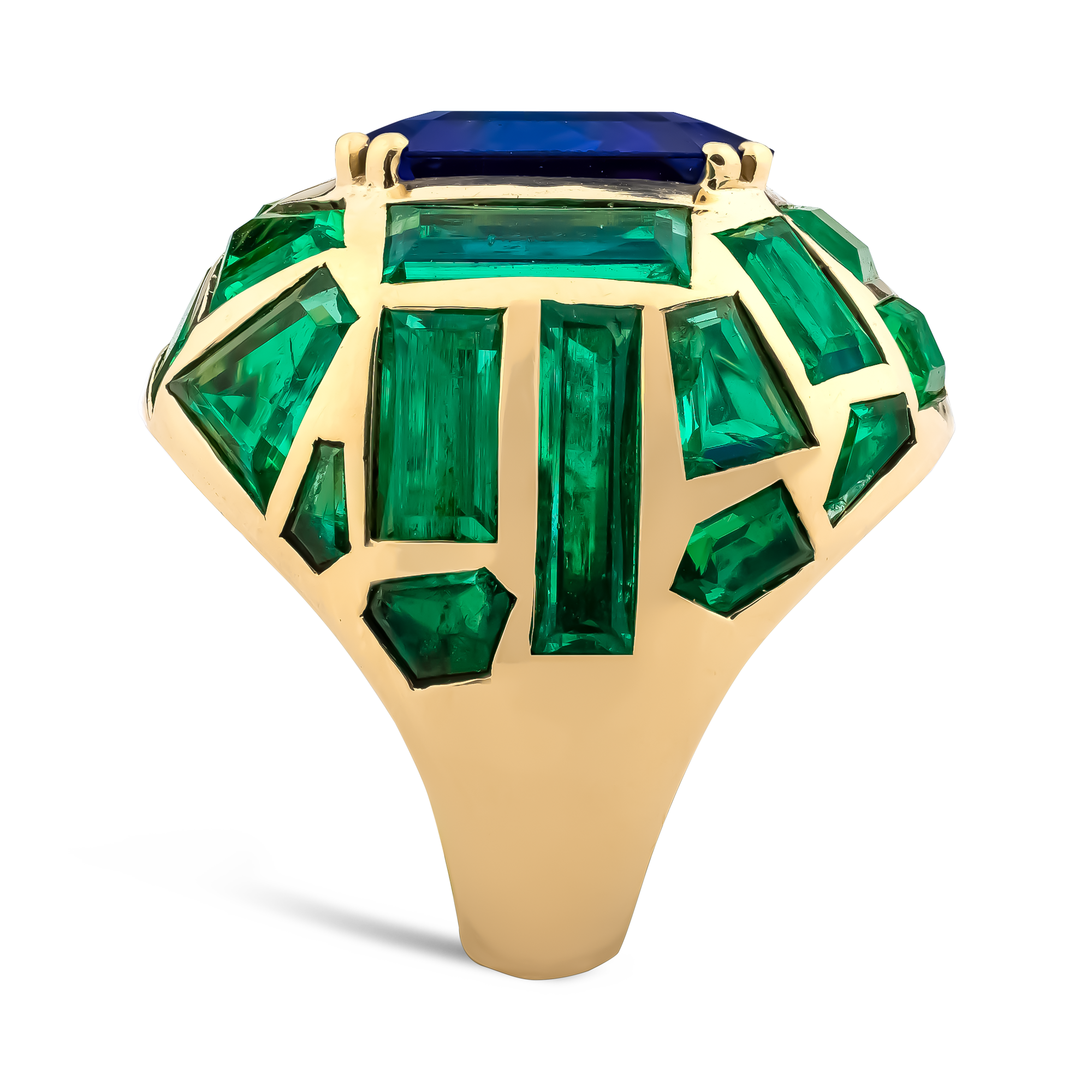 Retro Suzanne Belperron 12.543ct Burma Sapphire and Emerald Bombé Ring Octagonal Cut, Claw Set_4