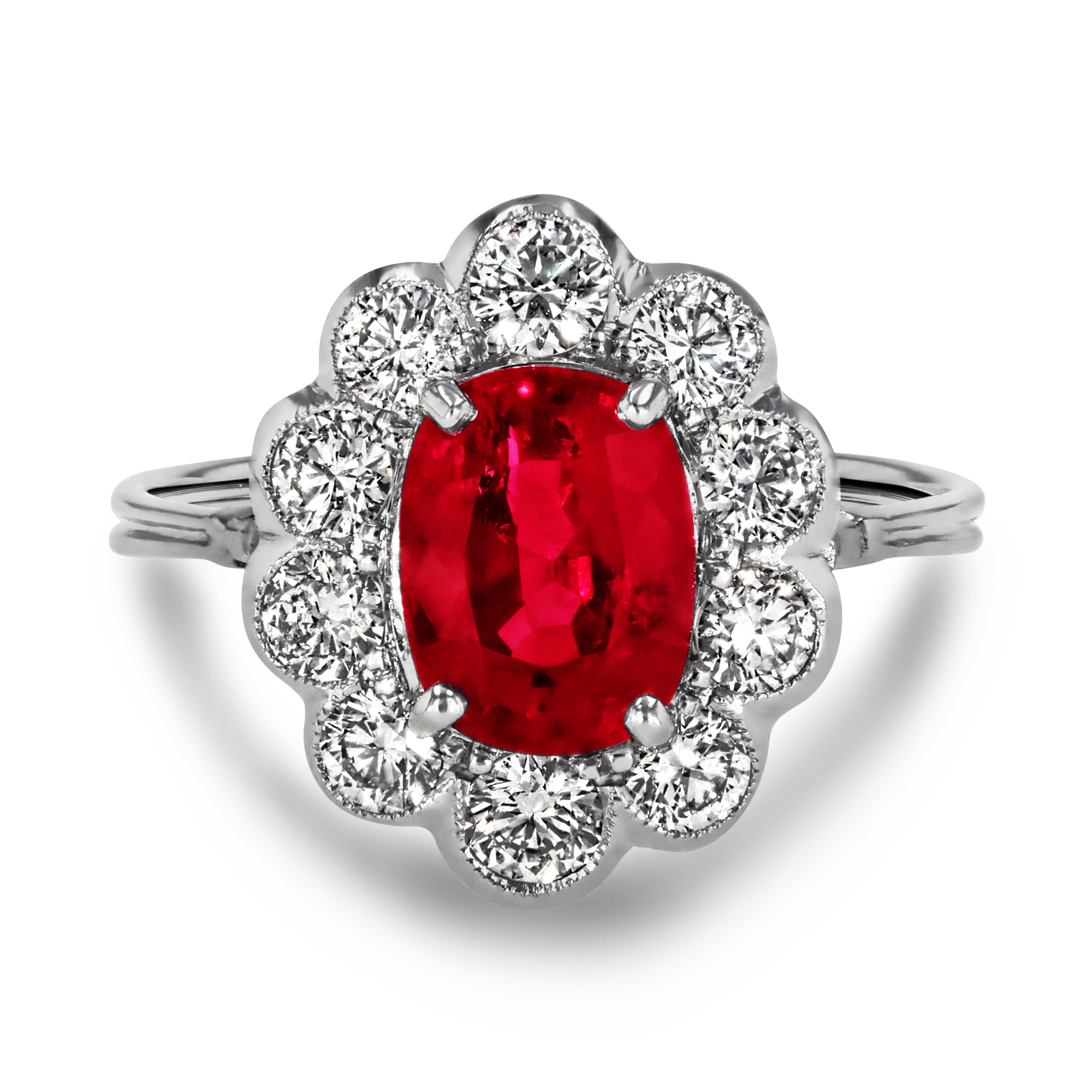 Antique Inspired Oval Cut Ruby & Diamond Floral Cluster Ring Oval & Brilliant Cut, Claw Set_2