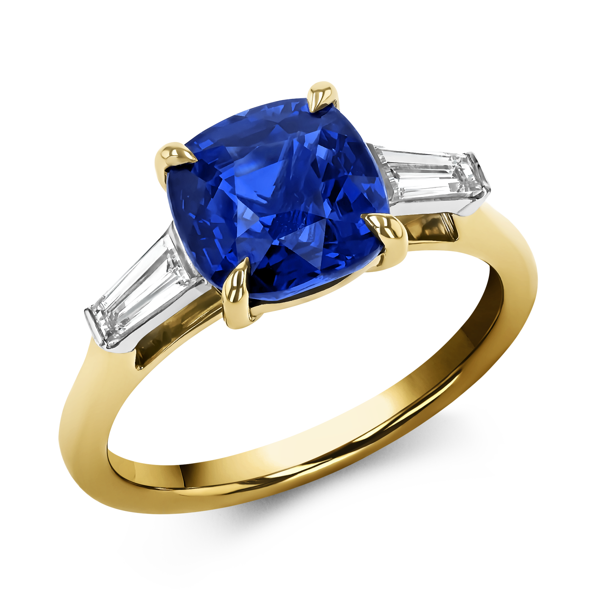 Three Stone Sapphire Ring Cushion Modern Cut, Four Claw Set_1