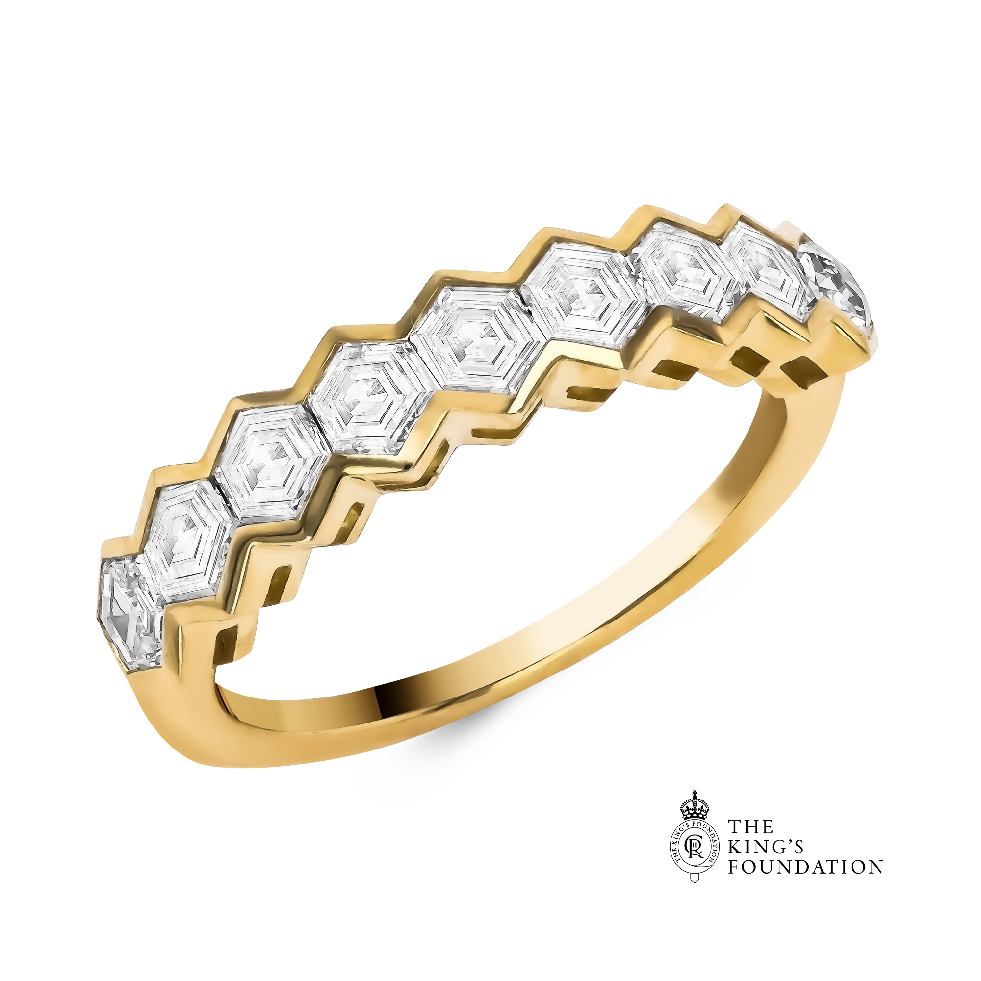 Honeycomb Nine Stone Diamond Ring Hexagonal Cut, Rubover Set_1