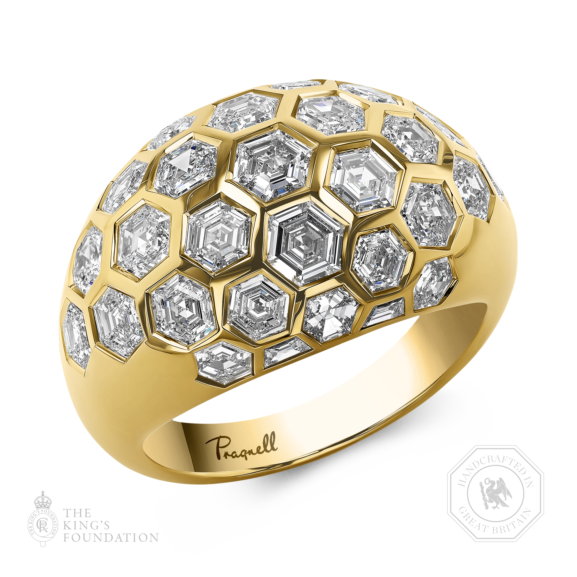 Honeycomb 3.54ct Diamond Bombé Ring Hexagonal Cut, Rubover Set_1
