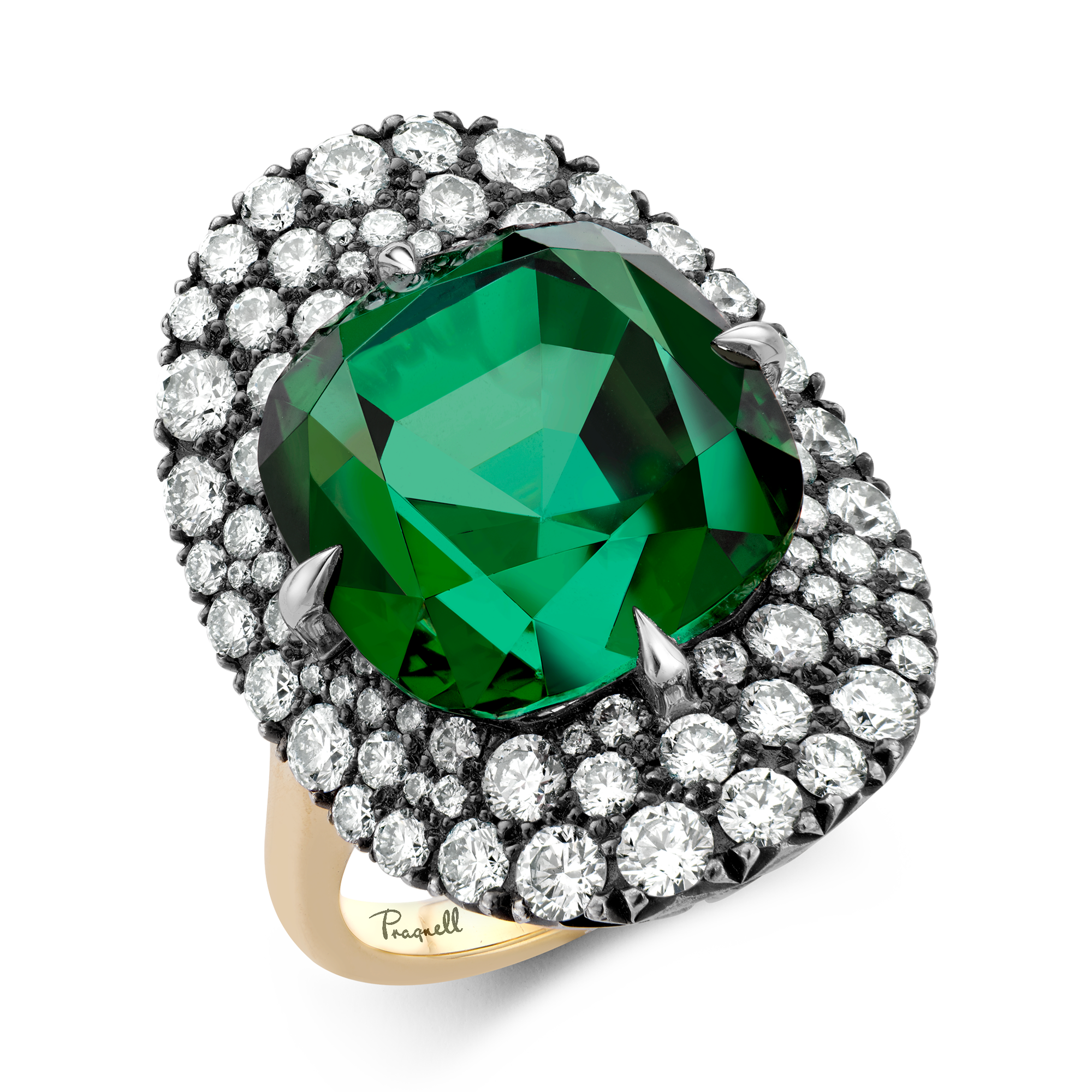 Masterpiece Snowstorm 15.67ct Green Tourmaline and Diamond Cocktail Ring Cushion modern cut, Claw set_1