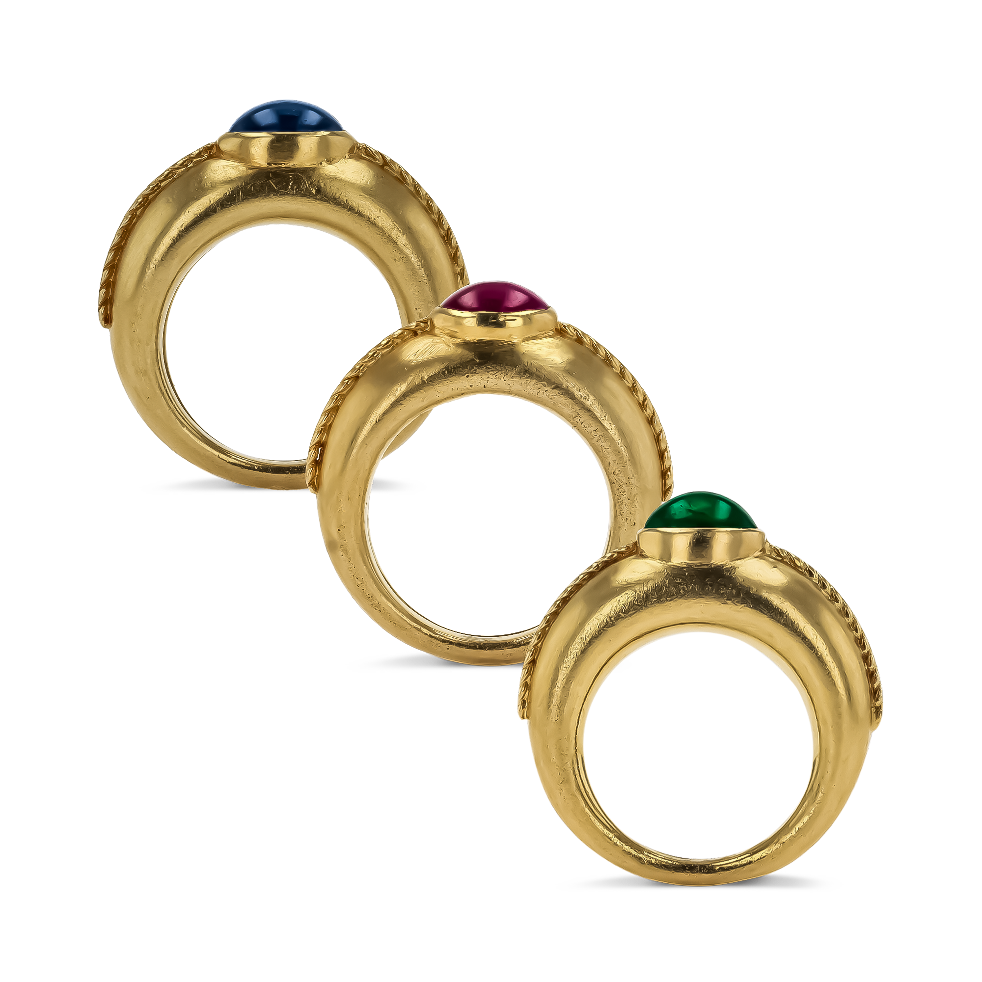 1960s Emerald, Ruby and Sapphire Trio of Rings Cabochon Cut, Rubover Set_3