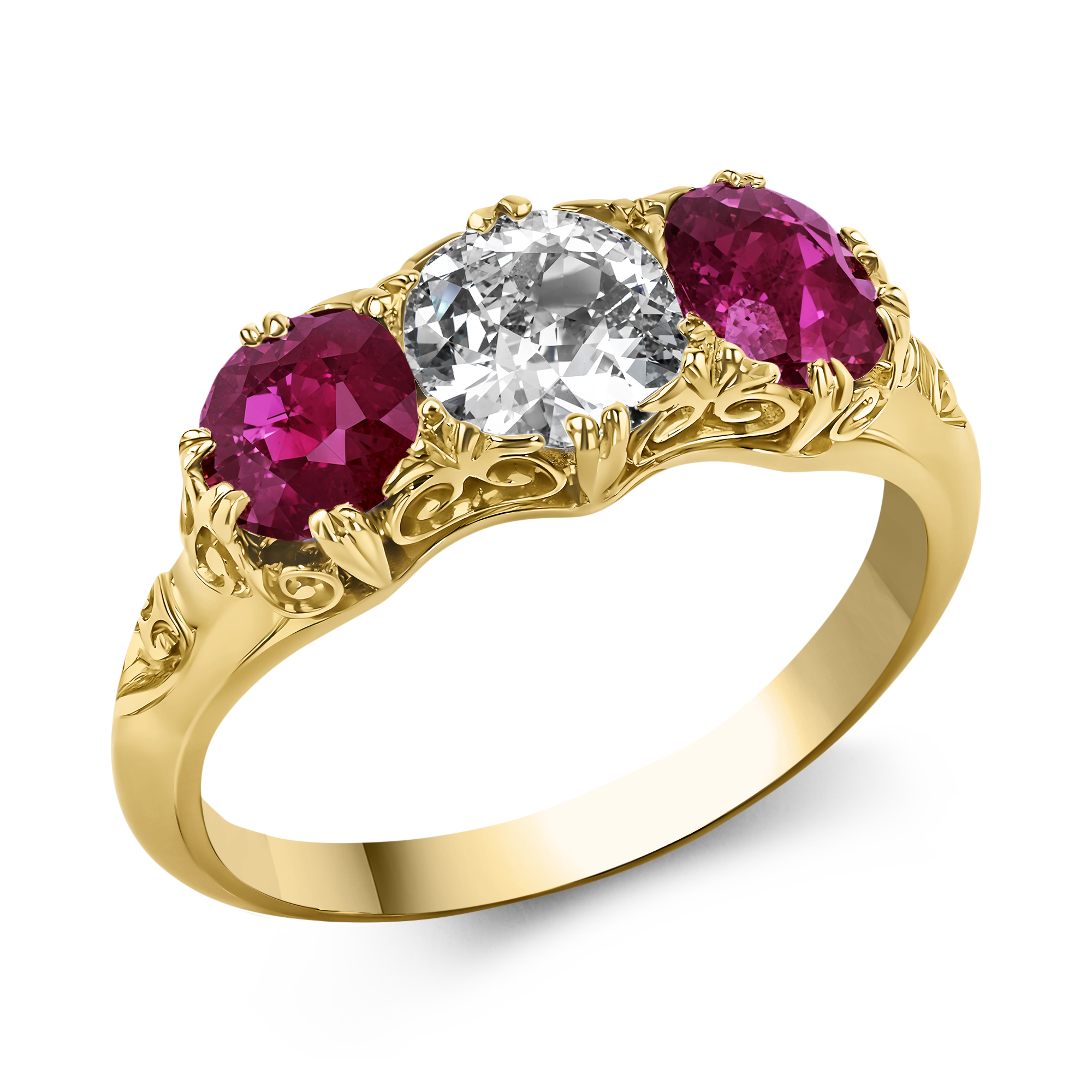 Victorian 1.55ct Ruby and Diamond Three Stone Ring Claw Set_1