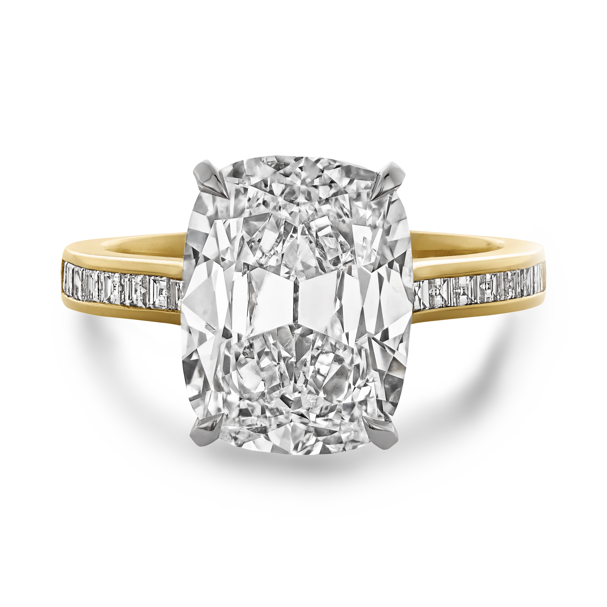 Masterpiece Deco Setting Antique Cushion Cut Diamond Ring  with Carre Cut Diamond Shoulders Antique Cushion & Carre Cut, Claw & Channel Set_2