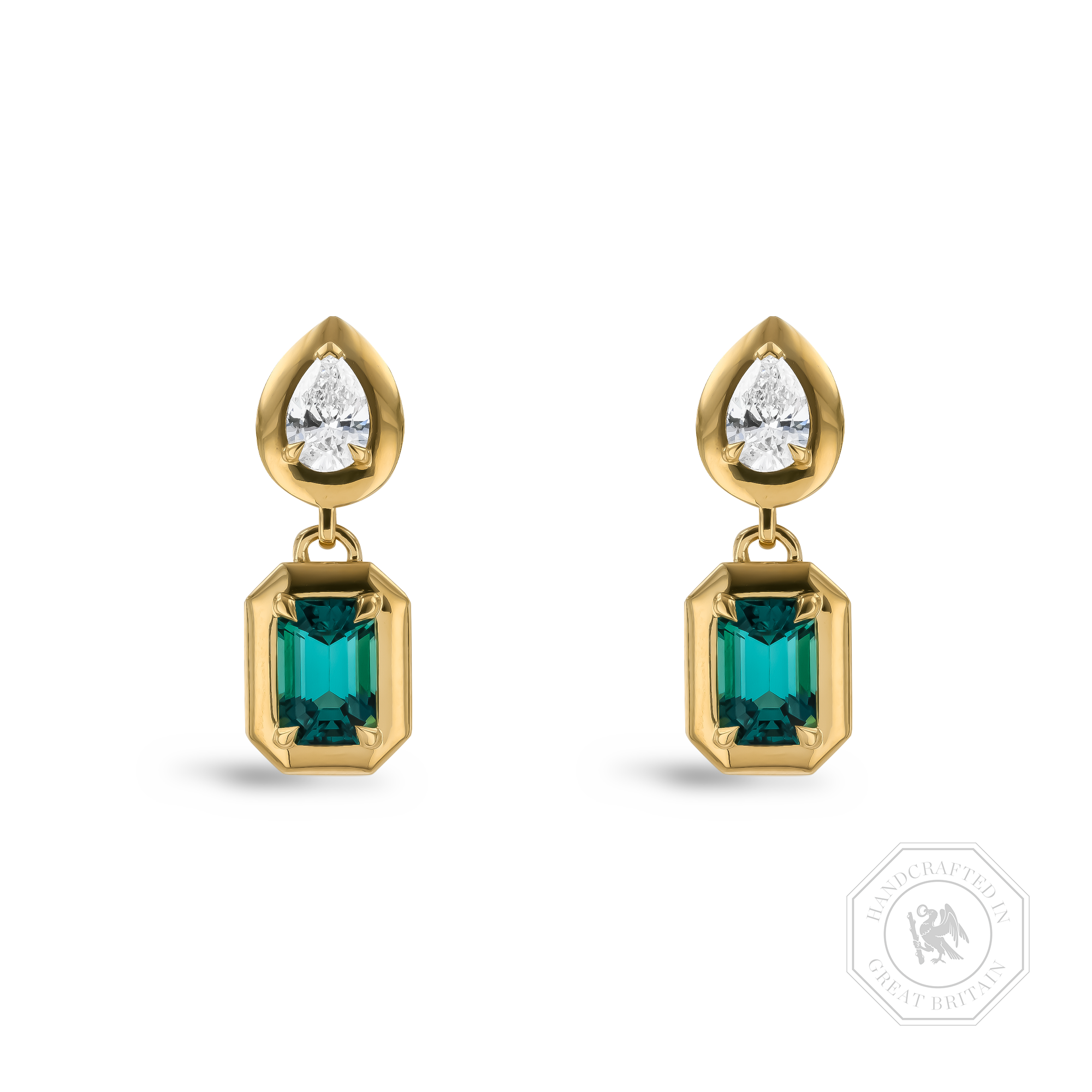 Skimming Stone 2.23ct Lagoon Tourmaline and Diamond Drop Earrings Emerald & Pear Cut, Claw Set_1