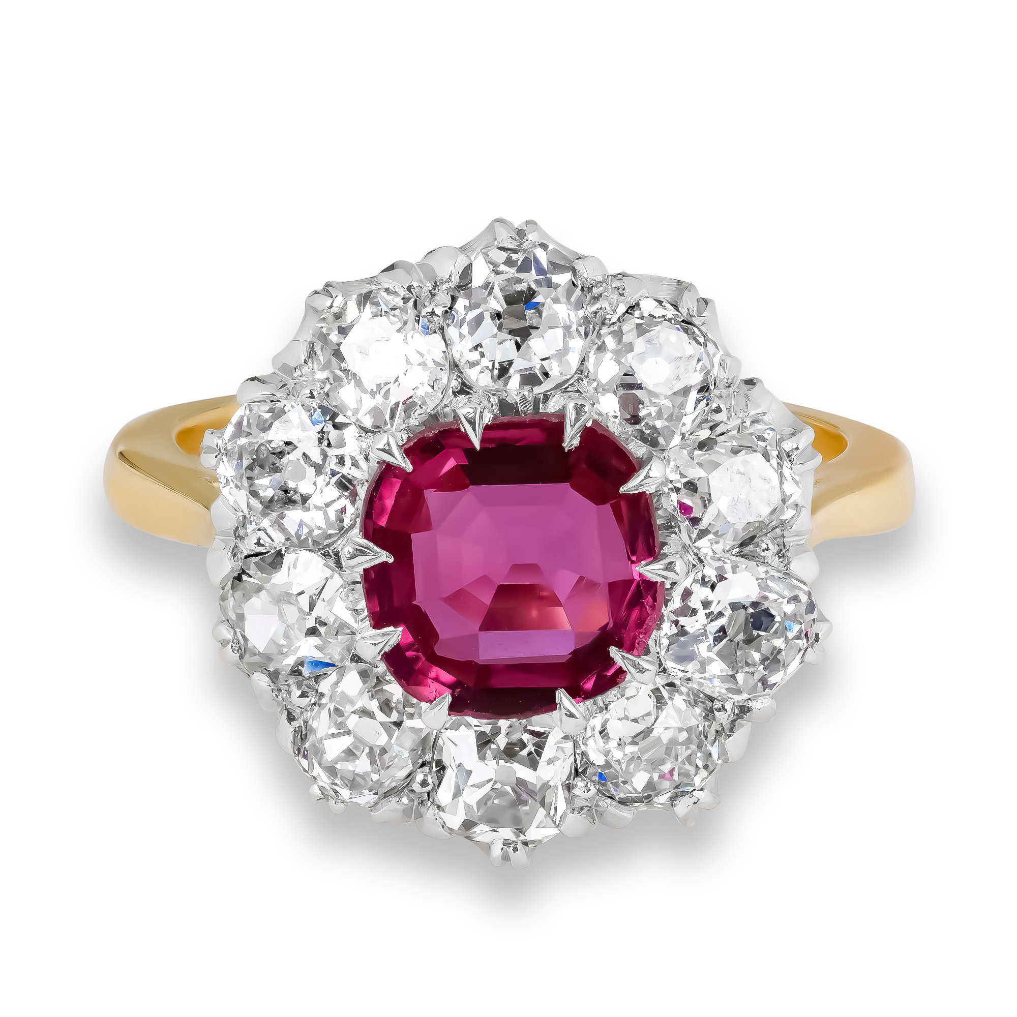 Antique Cushion Cut 1.30ct Ruby and Diamond Cluster Ring Antique Cushion Cut, Claw Set_2