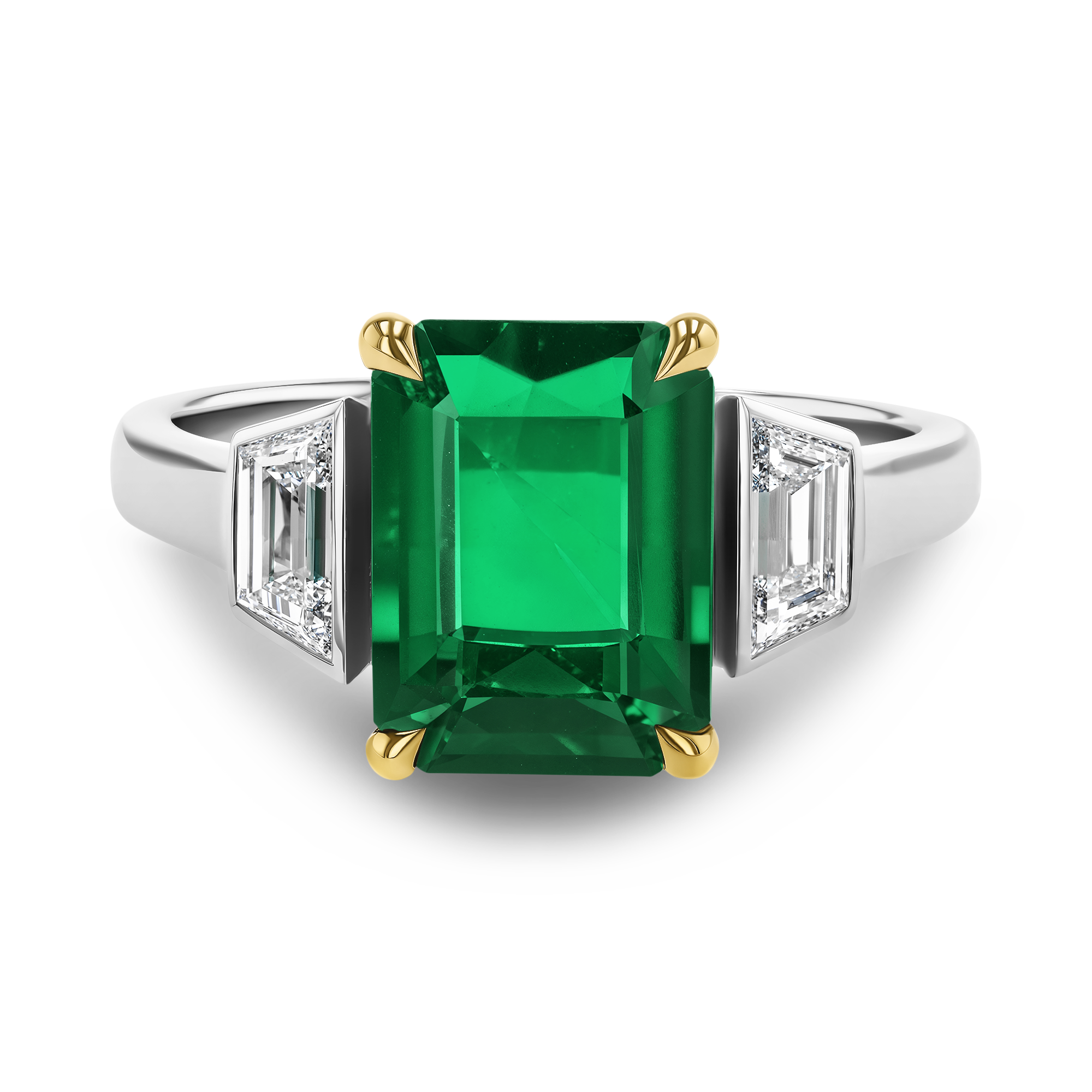 2.90ct Emerald and Diamond Three Stone Ring Emerald Cut, Claw Set_2