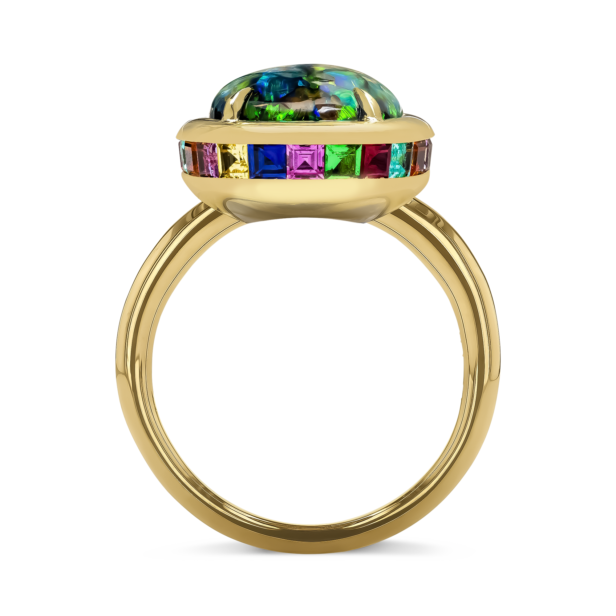 Masterpiece Skimming Stone Australian Black Opal, Sapphire, Paraiba, Ruby and Tsavorite Ring Cabochon Cut, Claw Set_3