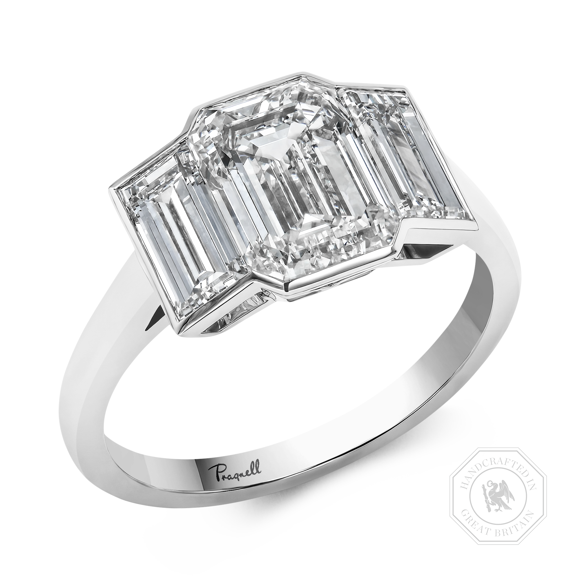 Kingdom 3.58ct Diamond Three Stone Ring Emerald Cut, Rubover Set_1