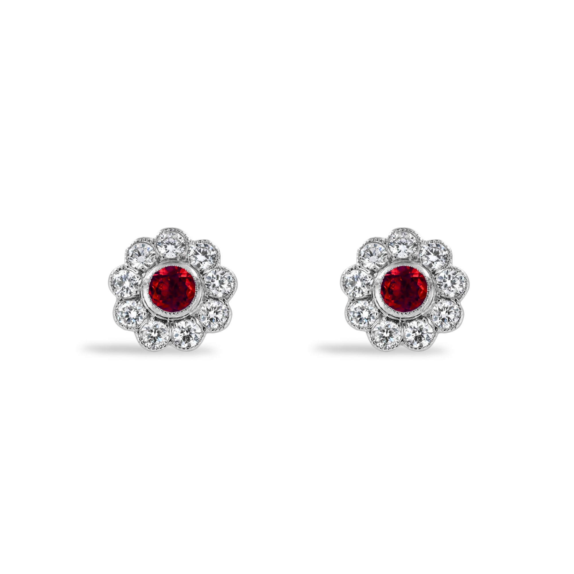 Contemporary Ruby and Diamond Earrings Brilliant Cut, Millegrain Set_1