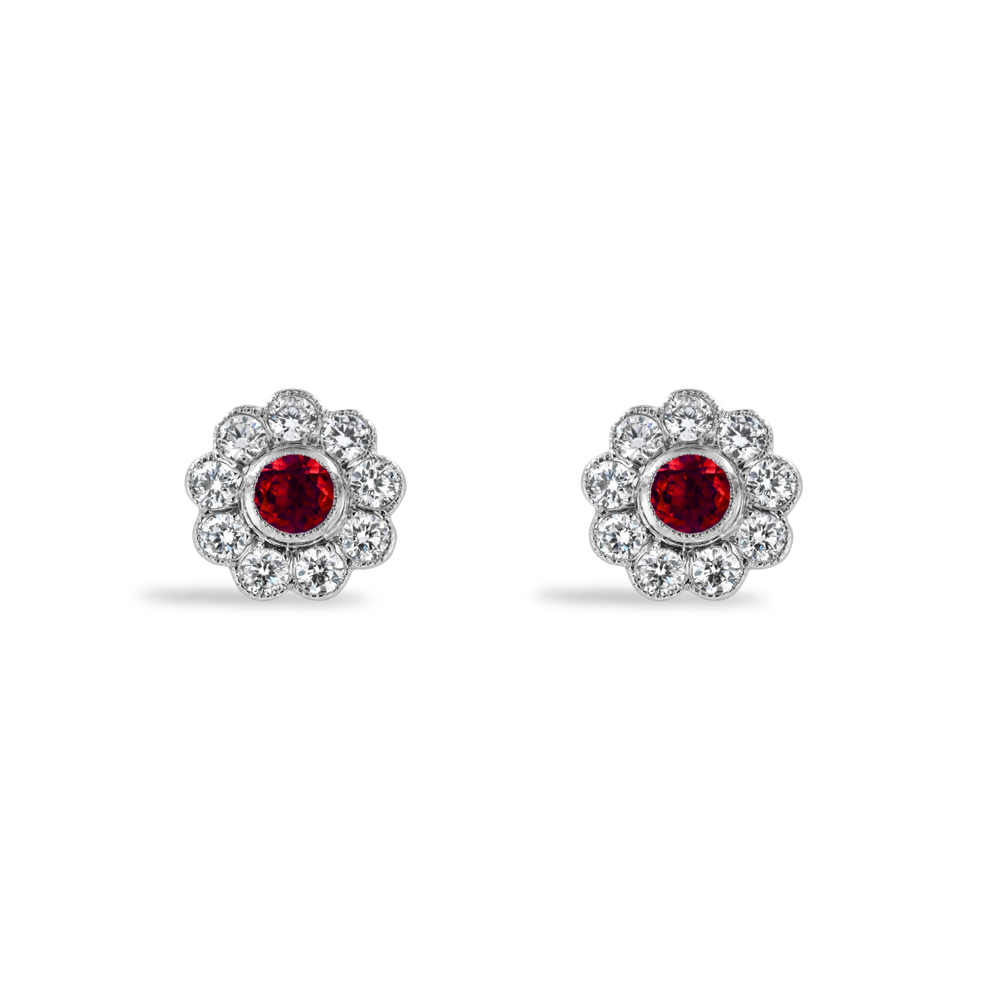 Contemporary Ruby and Diamond Earrings Brilliant Cut, Millegrain Set_1