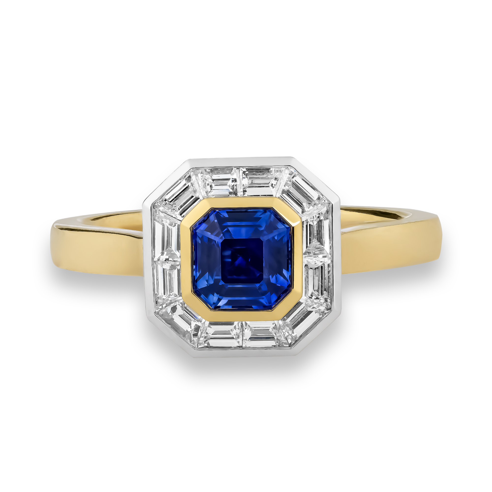 Asscher Cut 0.71ct Sapphire and Diamond Ring Asscher & Trapezoid Cut, Rubover Set_2