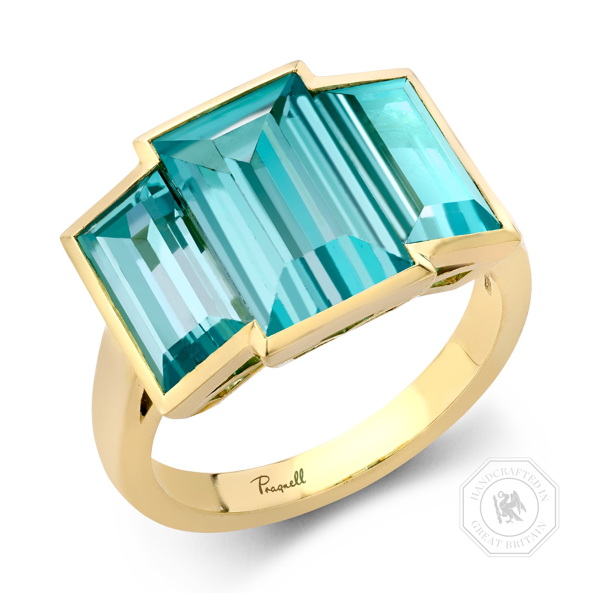 Masterpiece Kingdom 6.06ct Paraiba Tourmaline Three Stone Ring Baguette Cut, Rubover Set_1