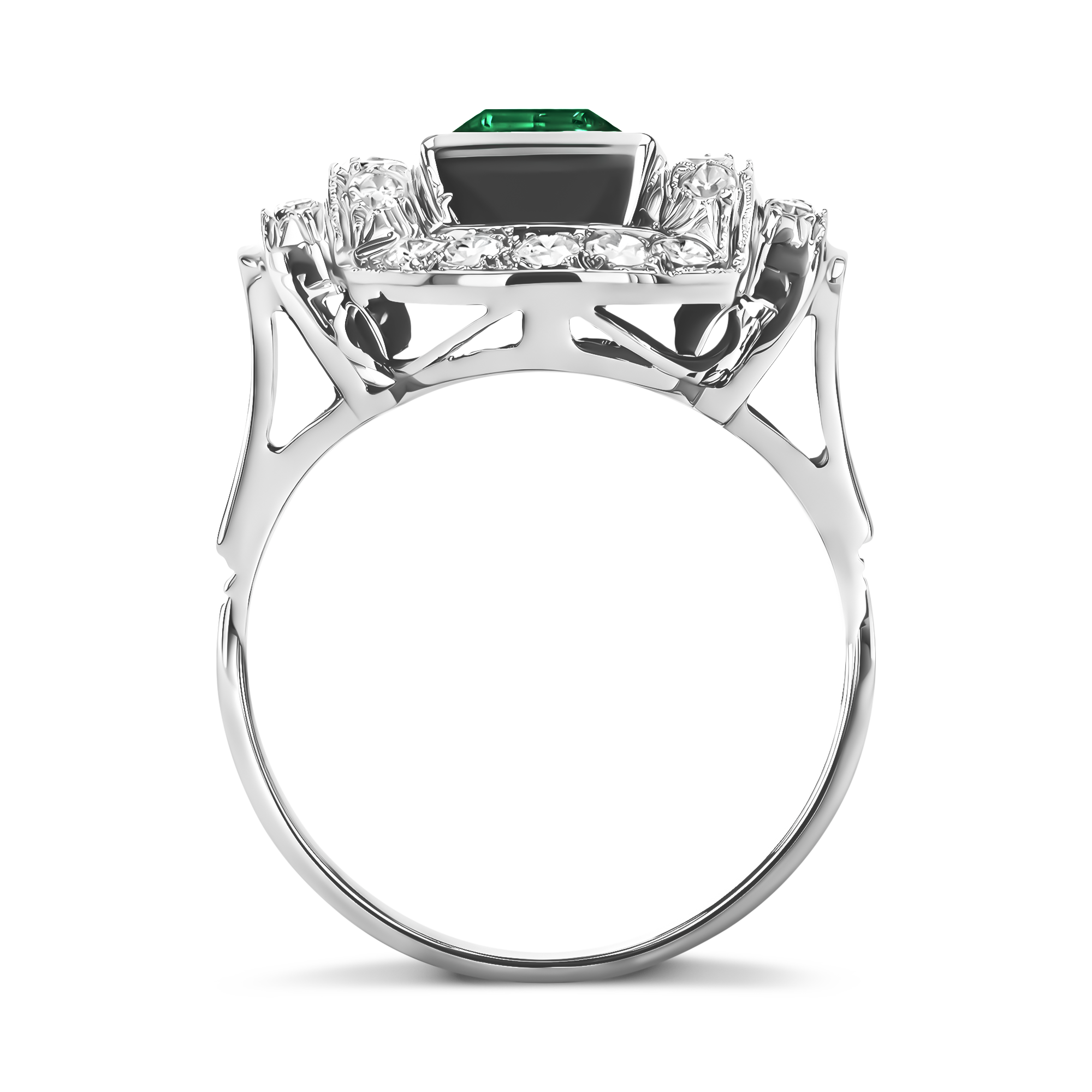 Art Deco Emerald and Diamond Cocktail Ring Emerald Cut, Rubover Set_3