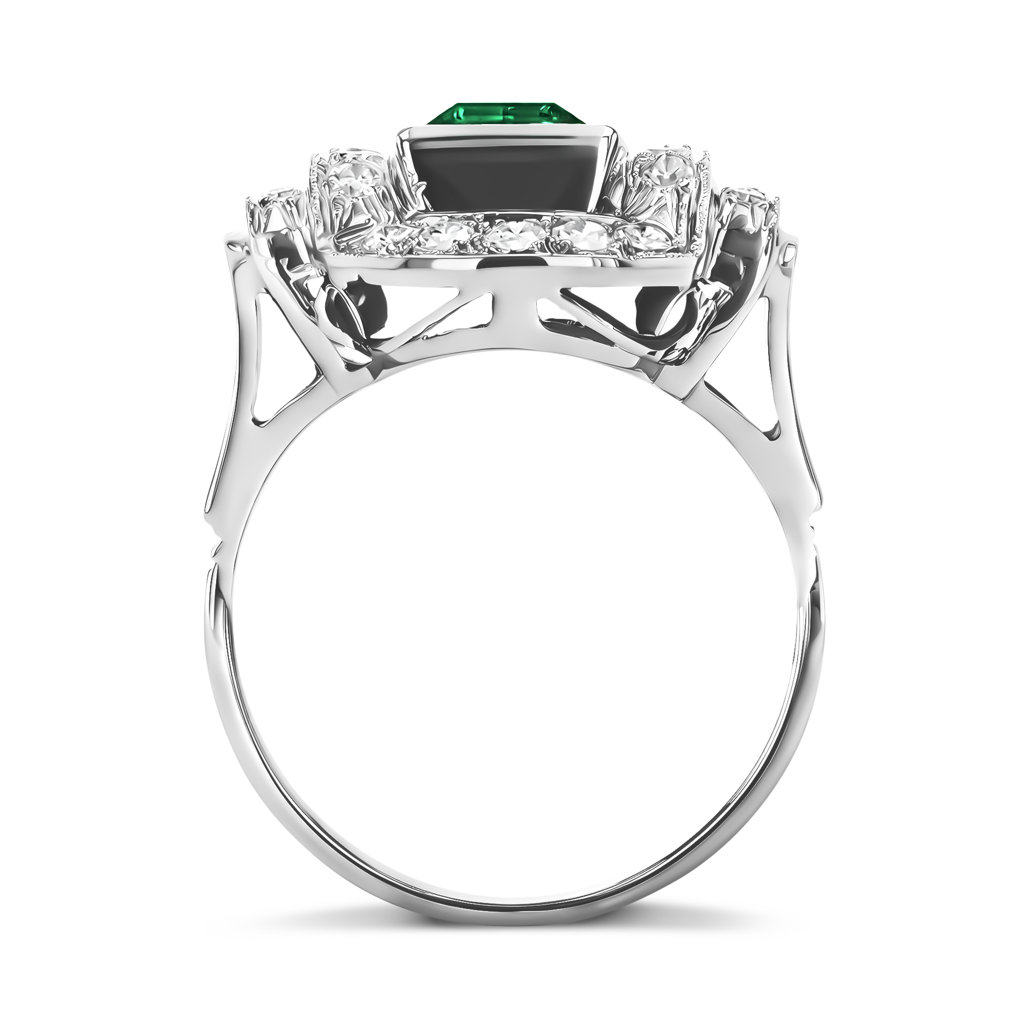 Art Deco Emerald and Diamond Cocktail Ring Emerald Cut, Rubover Set_3