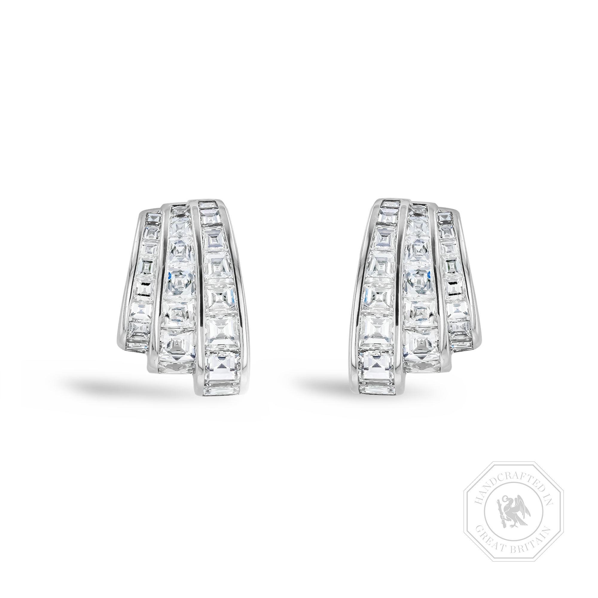 Manhattan 2.25ct Three Row Fan Diamond Earrings Carre & French Cut, Channel Set_1