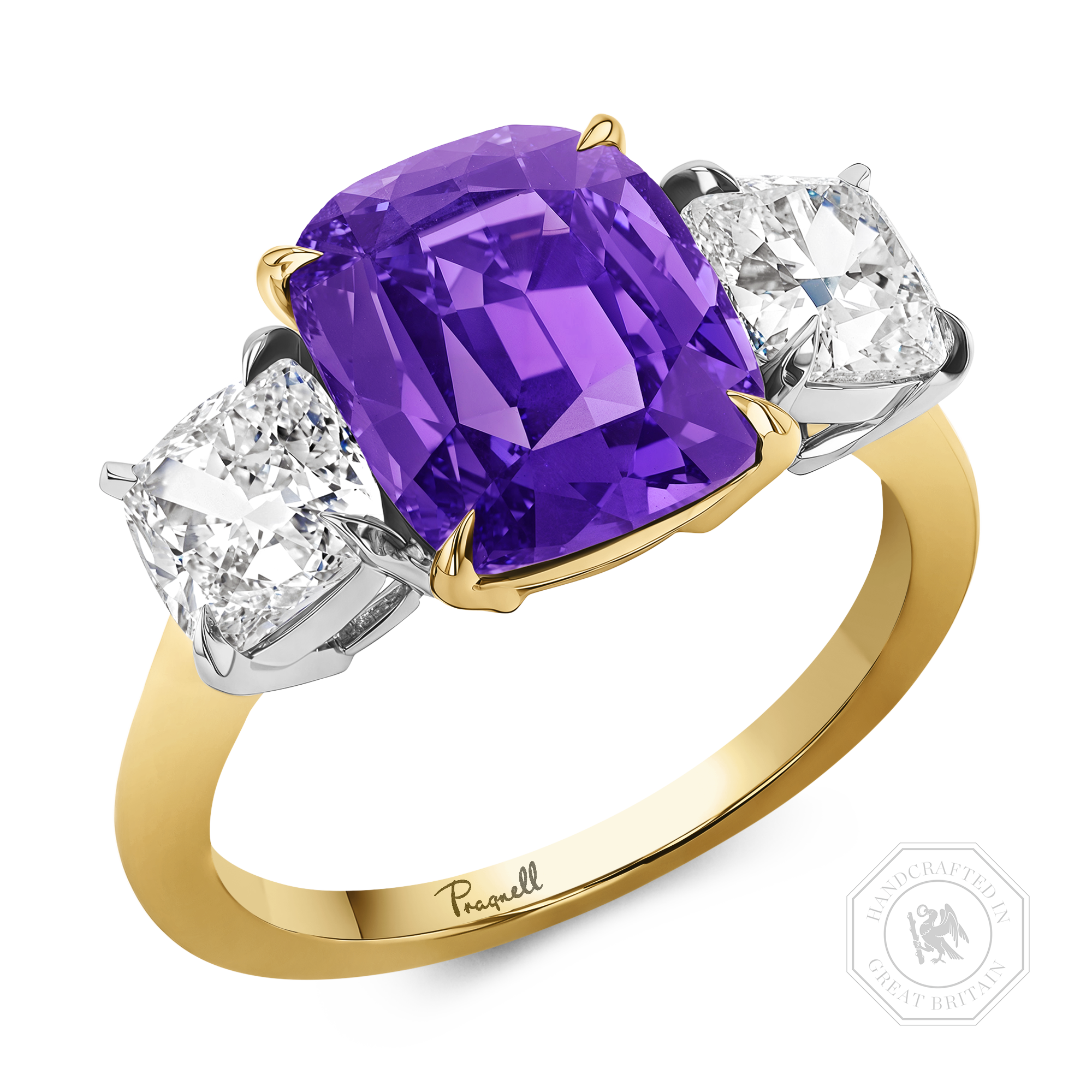 Masterpiece 5.41ct Colour Change Sapphire and Diamond Three Stone Ring Cushion modern cut, Claw set_1