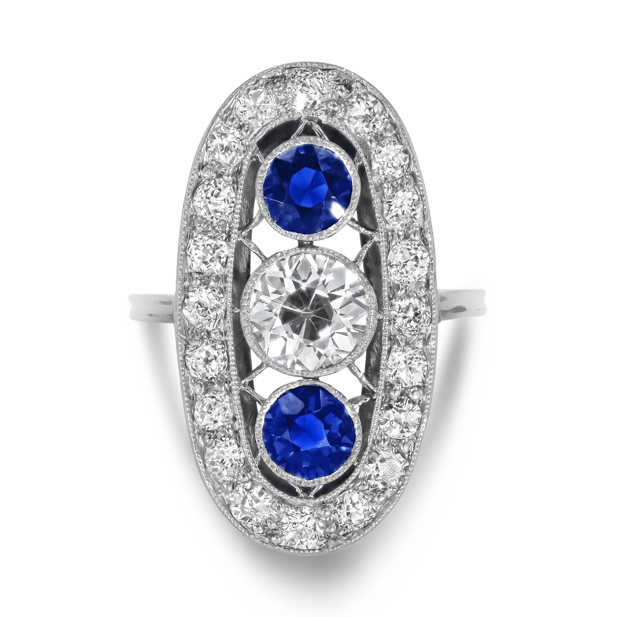 Edwardian Inspired Sapphire and Diamond Cluster Ring with Diamond Surround Brilliant Cut, Millegrain Set_2