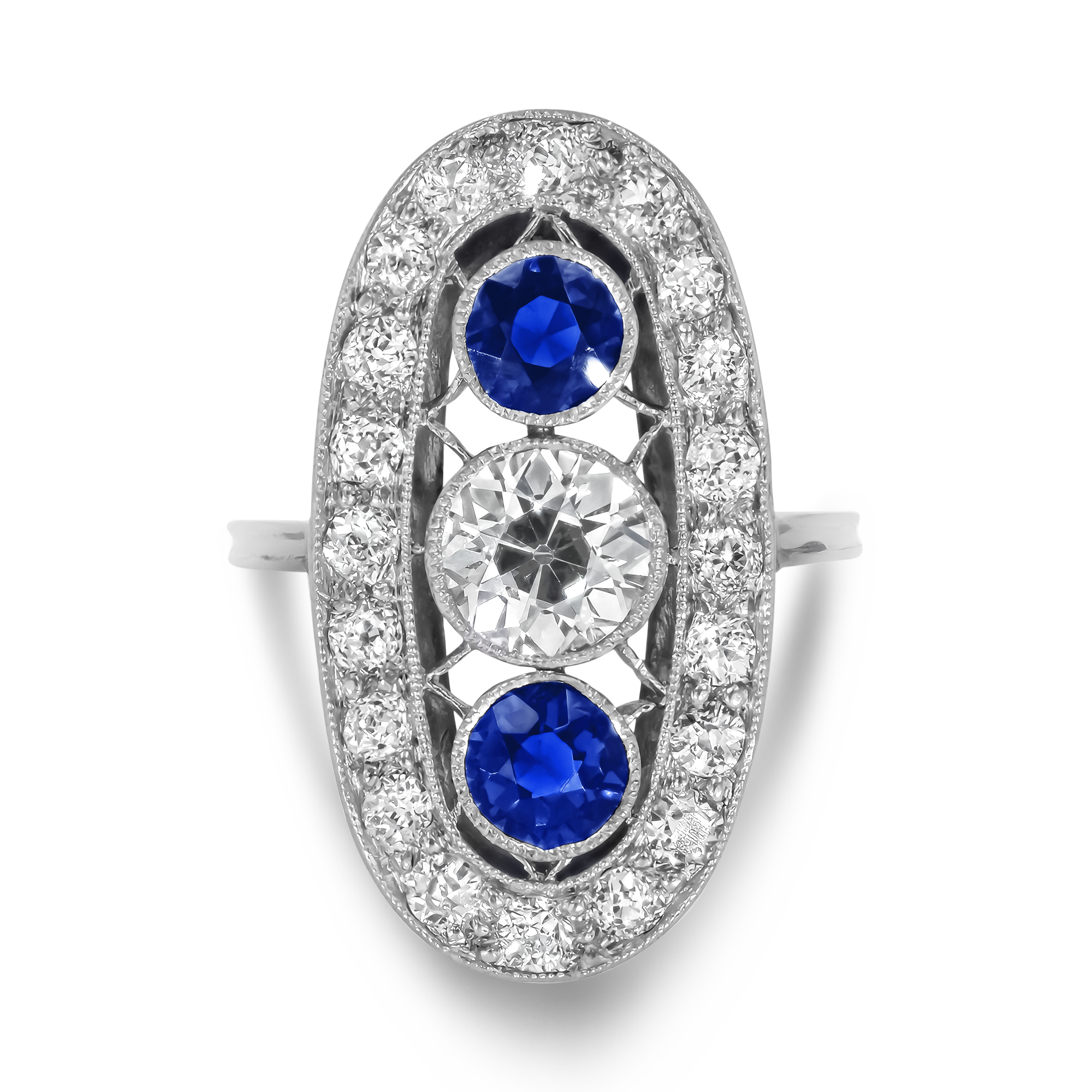 Edwardian Inspired Sapphire and Diamond Cluster Ring with Diamond Surround Brilliant Cut, Millegrain Set_2