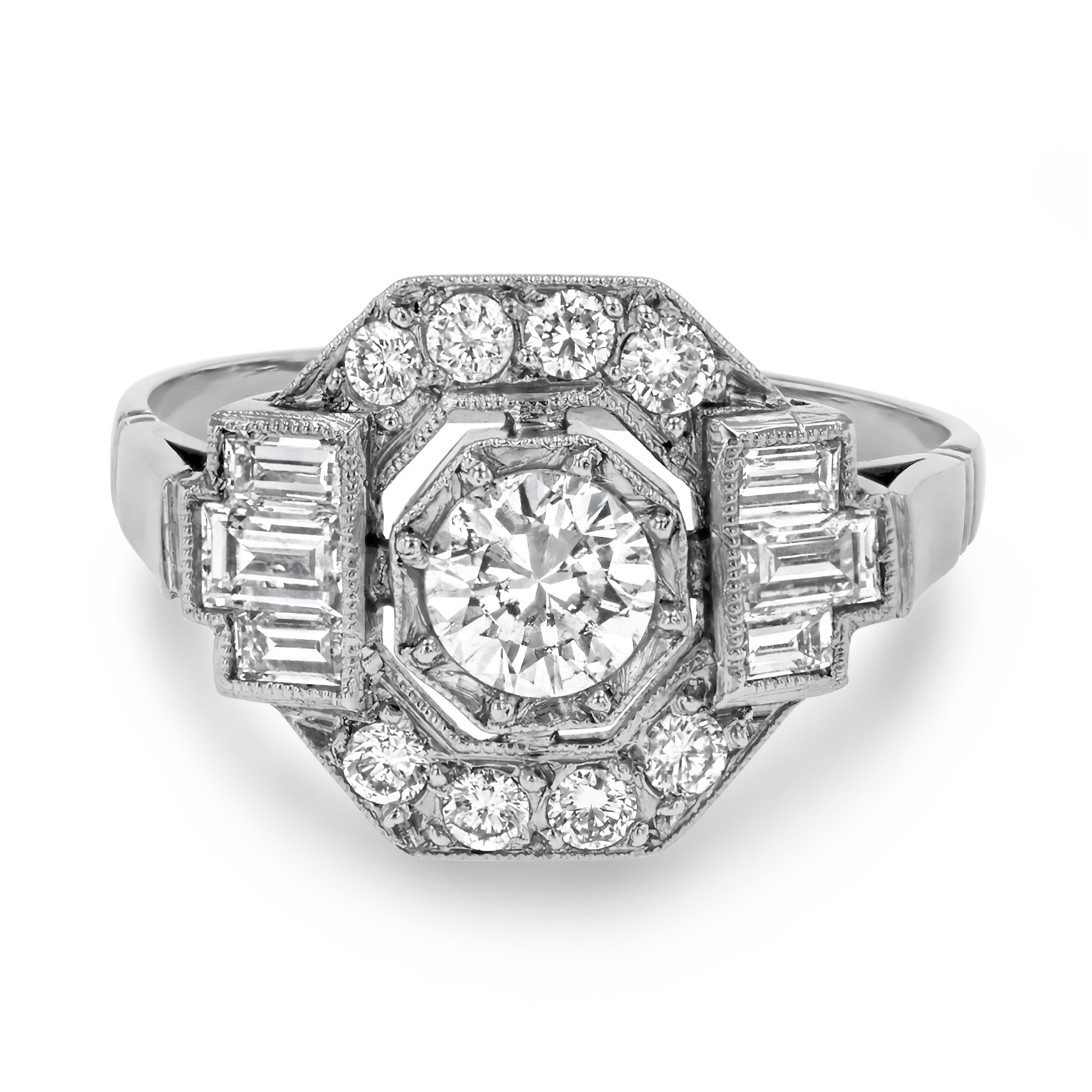 Art Deco Inspired Octagonal Diamond Ring Round & Baguette Cut, Millegrain Set_2