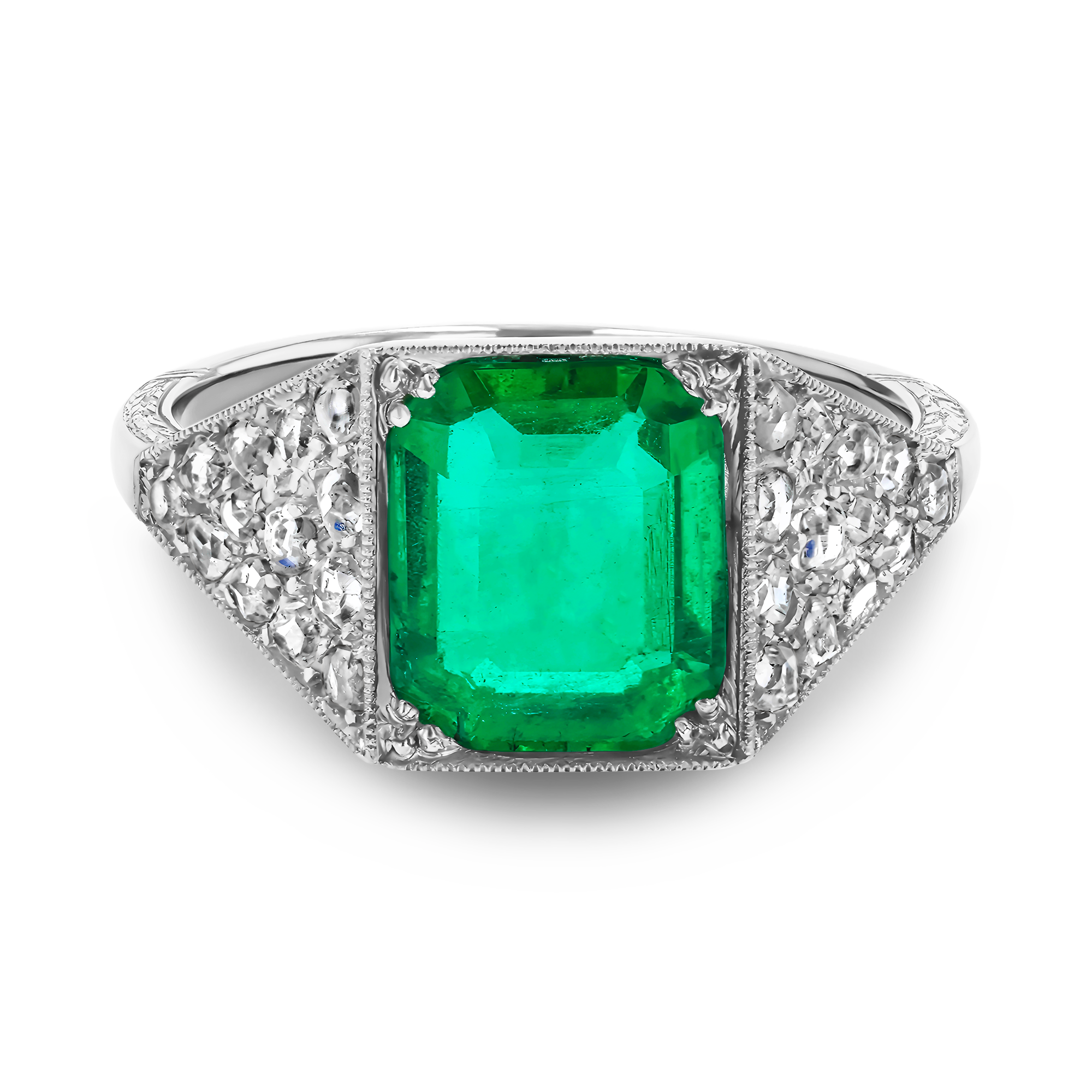 Edwardian Octagonal Cut 1.80ct Emerald and Diamond Ring Octagonal Cut, Claw Set_2