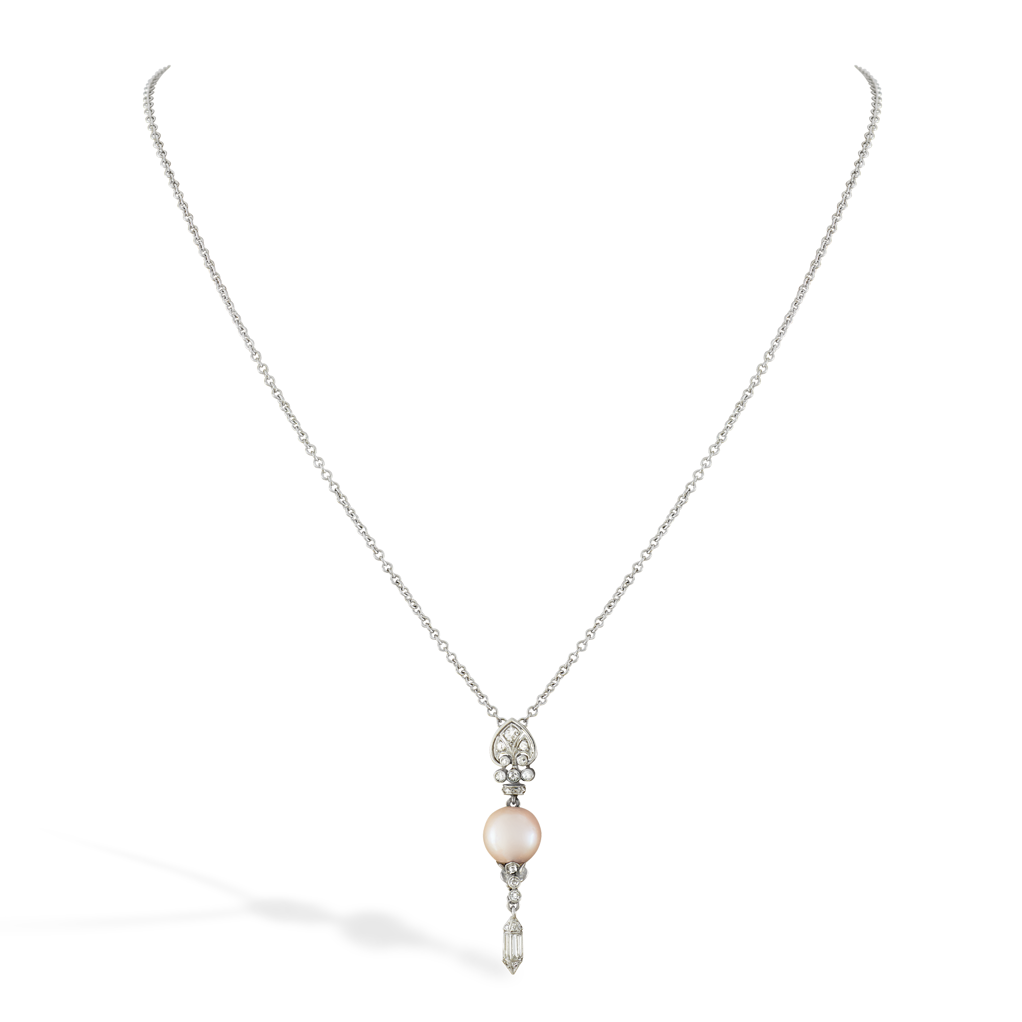 Edwardian Natural Pearl and Diamond Pendant Natural Pearl Pendant, with Baguette Cut Diamond_2