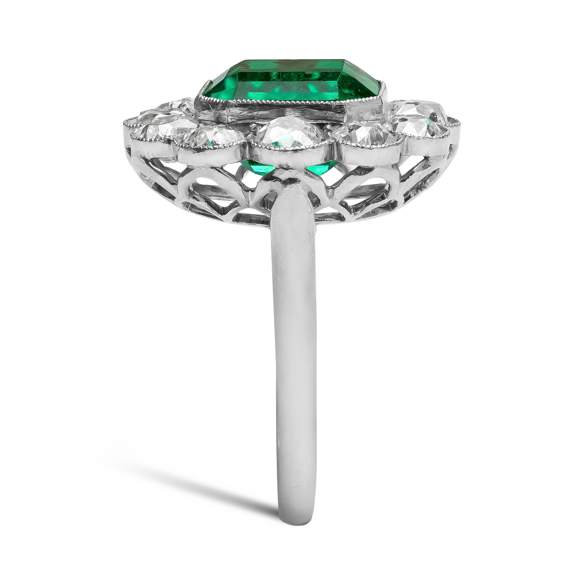 Victorian Emerald Cut Colombian Emerald and Diamond Ring Emerald Cut, Millegrain Set_4