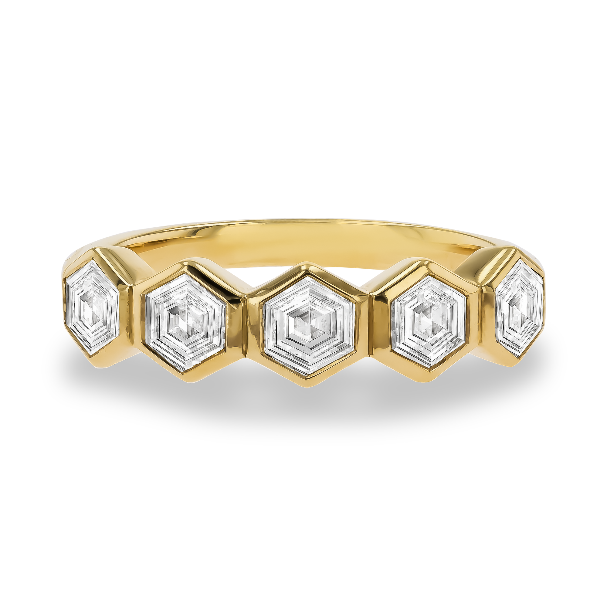 Honeycomb Five Stone Diamond Ring Hexagonal Cut, Rubover Set_2