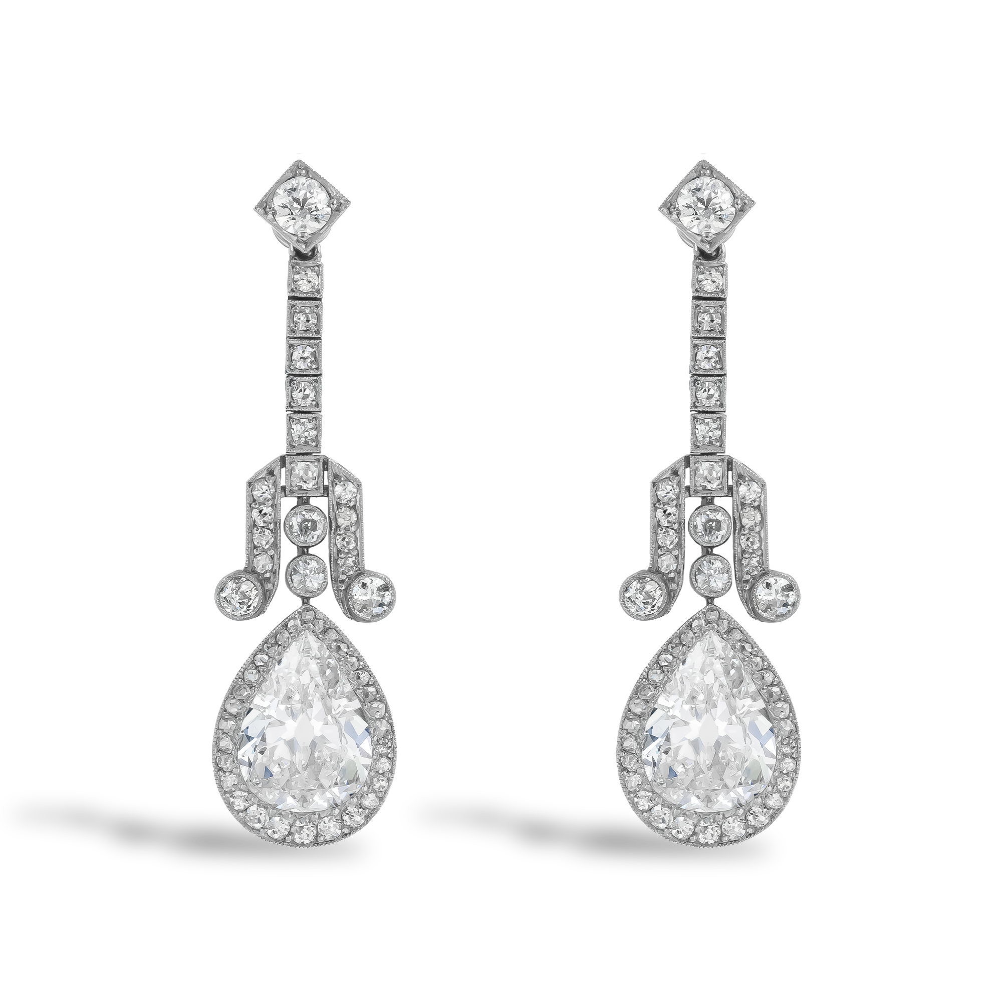 Art Deco Pear shaped 6.52ct Diamond Earrings Pear shaped, Grain set_1