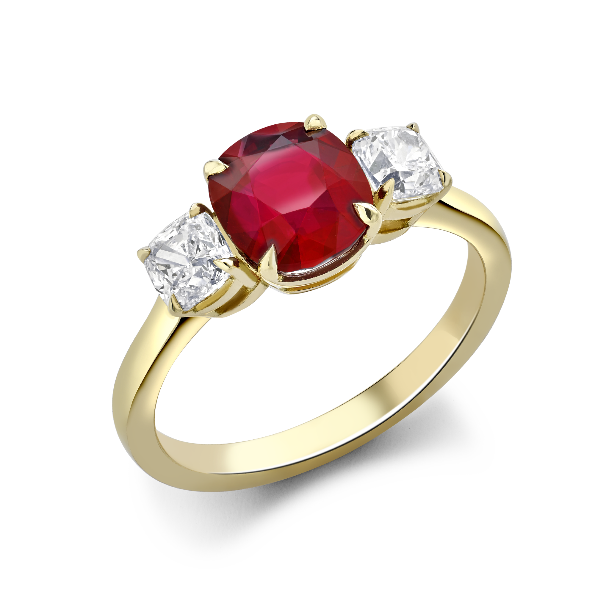 Mozambique Cushion Pigeon Blood Ruby & Diamond Three Stone Ring Cushion & Brilliant Cut, Claw Set_1