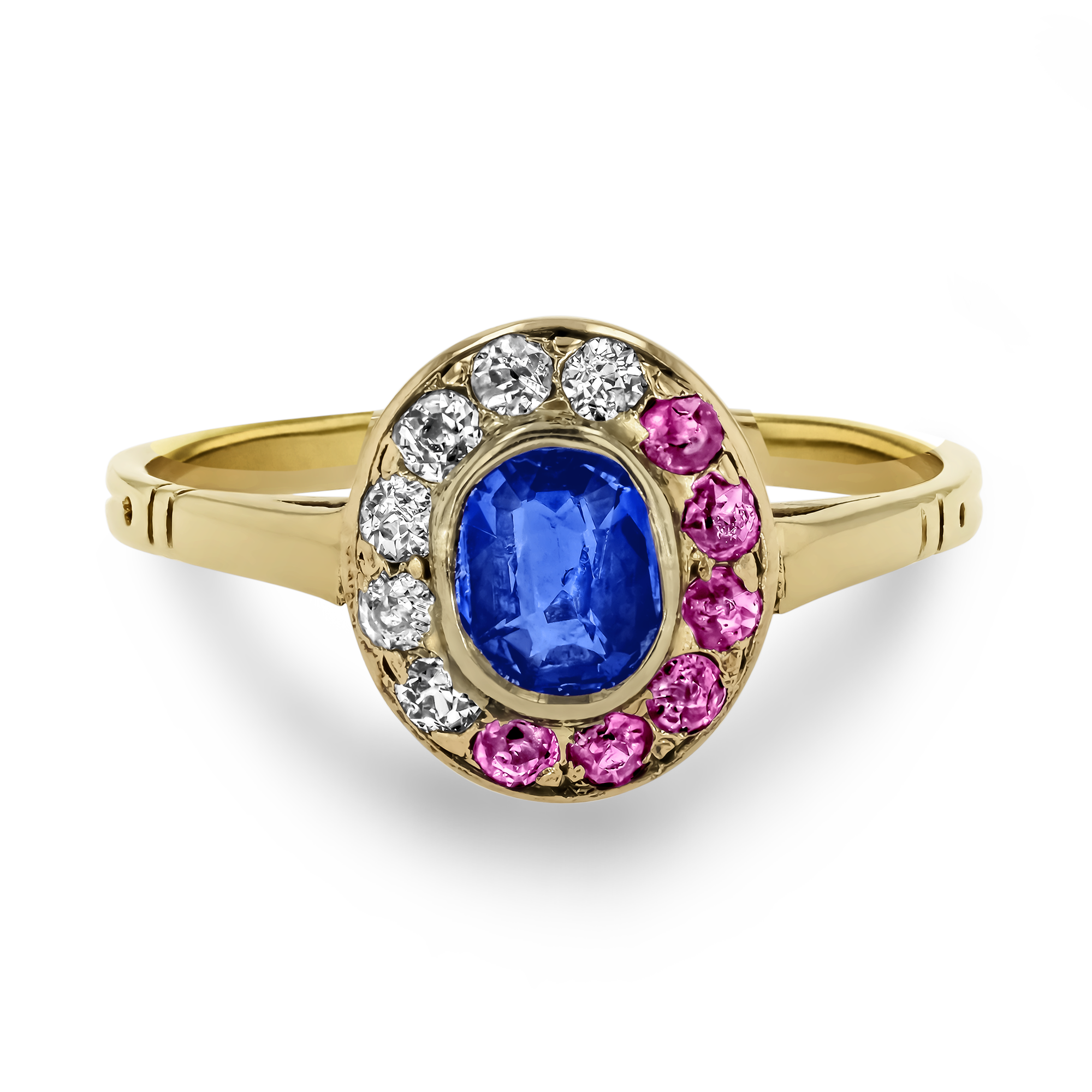 Belle Epoque Tri-Colore Sapphire, Ruby & Diamond Ring Oval, Old & Brilliant Cut, Rubover Set_2