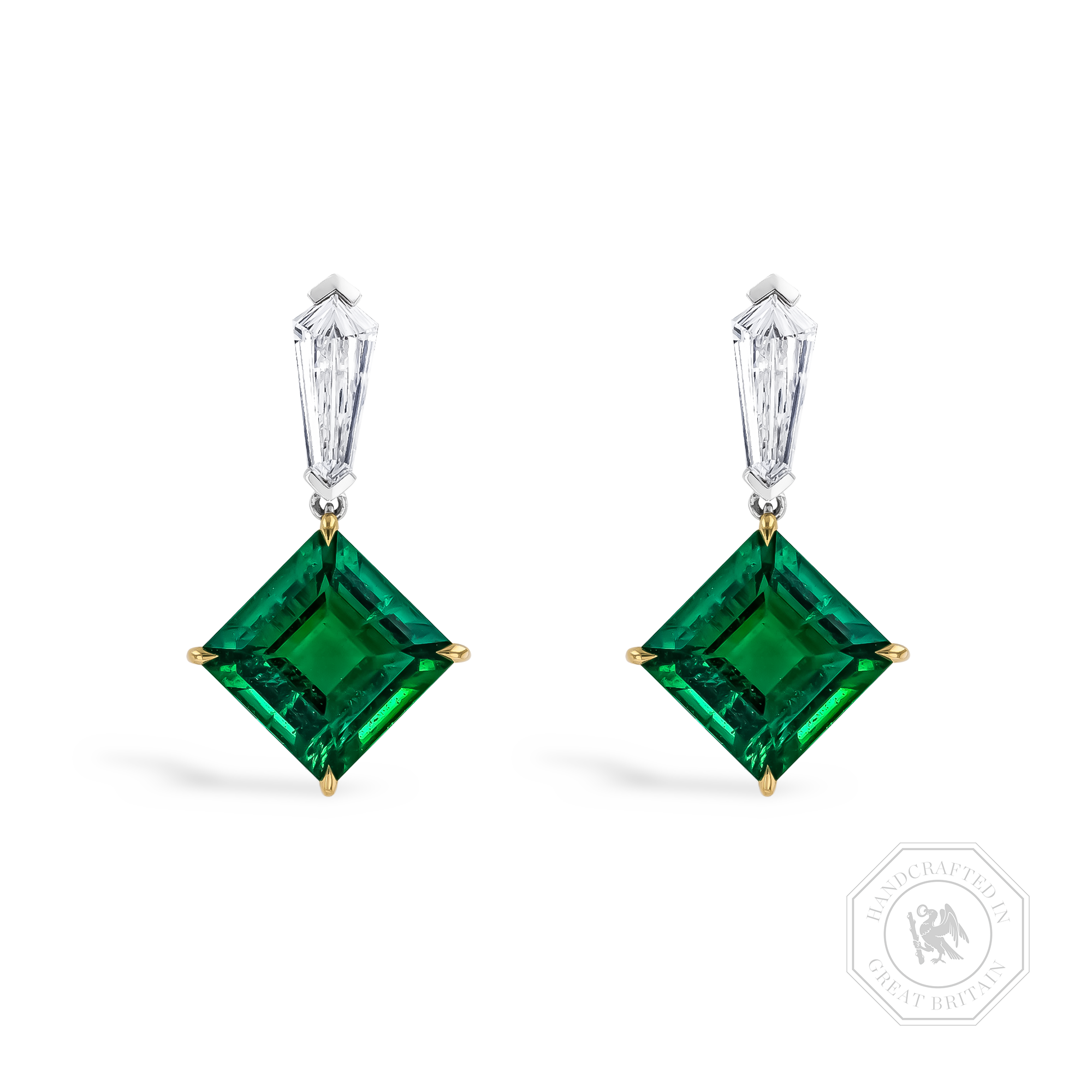 Square Cut Zambian Emerald and Diamond Drop Earrings Square Cut, Claw Set_1