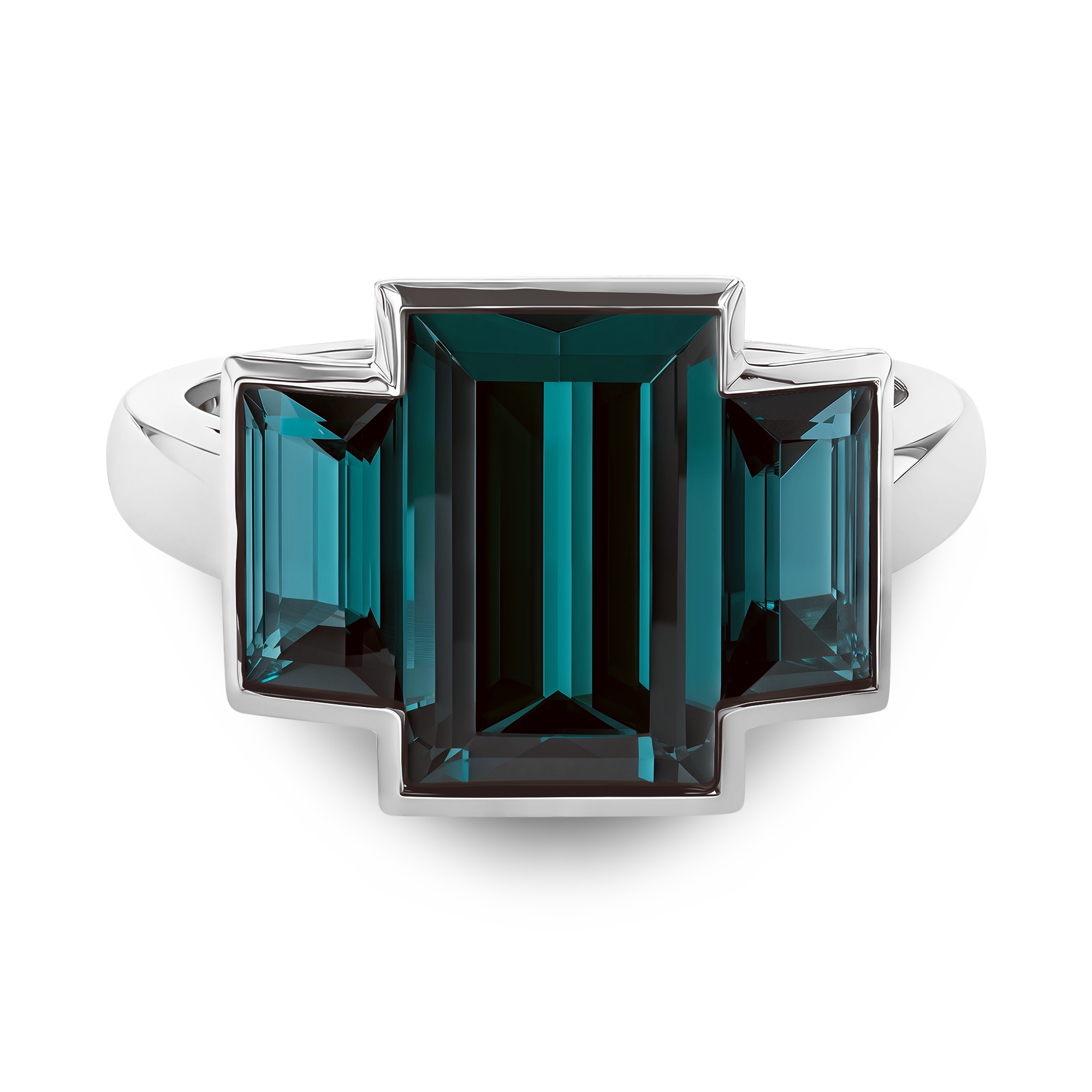 Kingdom Three Stone Indicolite Tourmaline Ring Baguette Cut, Rubover Set_2