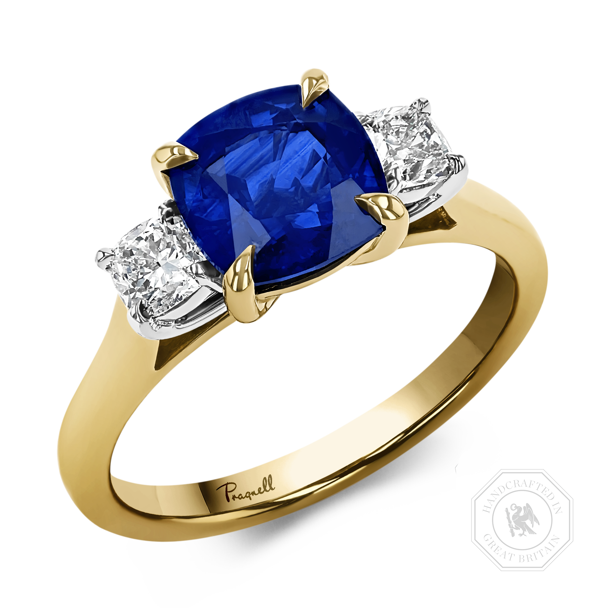 Classic 2.56ct Sapphire and Diamond Three Stone Ring Cushion Cut, Claw Set_1