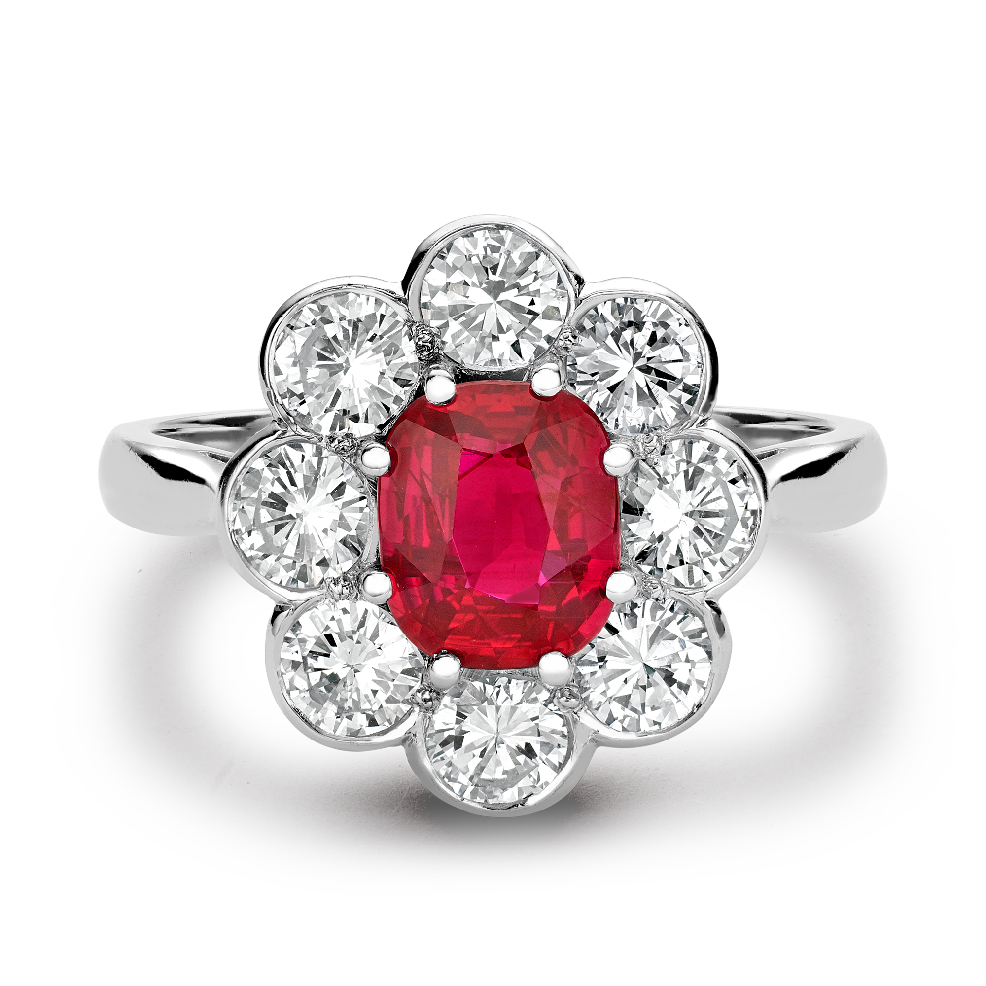 Contemporary 1.21ct Ruby and Diamond Cluster Ring Cushion modern cut, Claw set_2