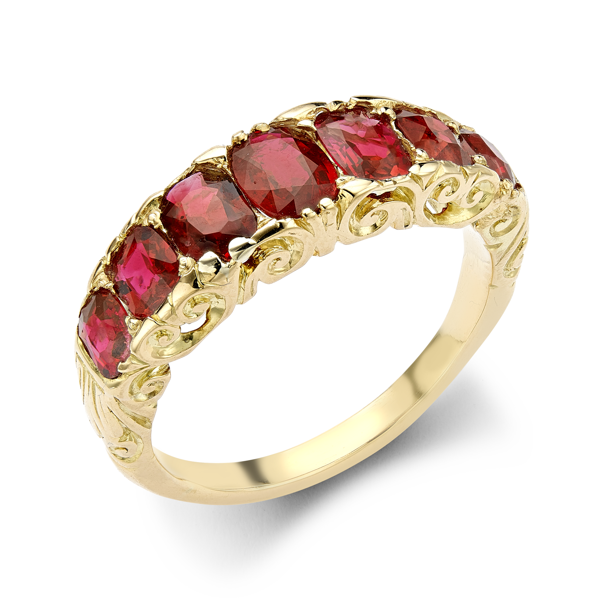 Victorian Ruby and Diamond Carved Five Stone Ring Oval Cut, Claw Set_1