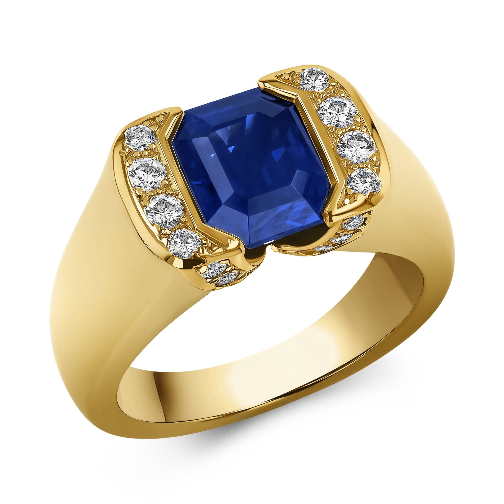 1990s Boucheron Madagascan Sapphire Signet Style Ring Octagonal & Brilliant Cut, Rubover & Pave Set_1