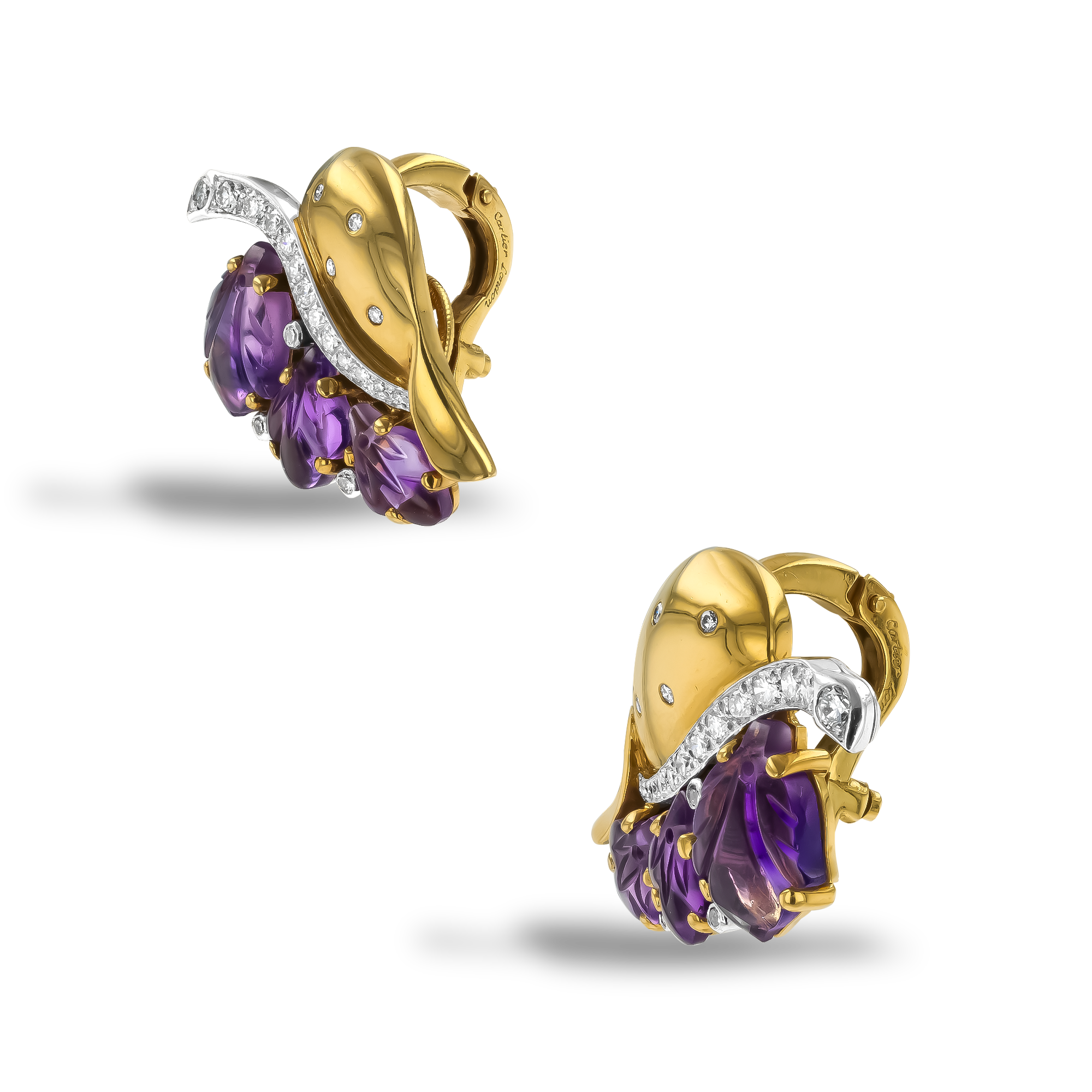 Retro Cartier Amethyst and Diamond Leaf Earrings Mixed Cut, Claw Set_2