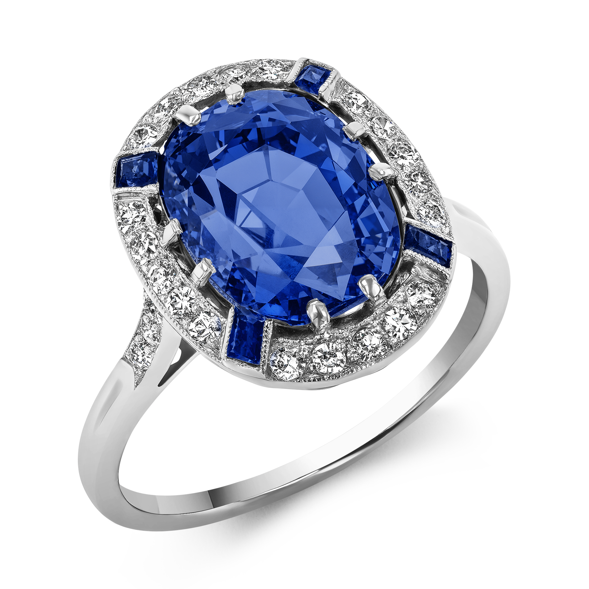 Art Deco 6.03ct Sapphire and Diamond Cluster Ring Cushion Antique Cut, Claw Set_1
