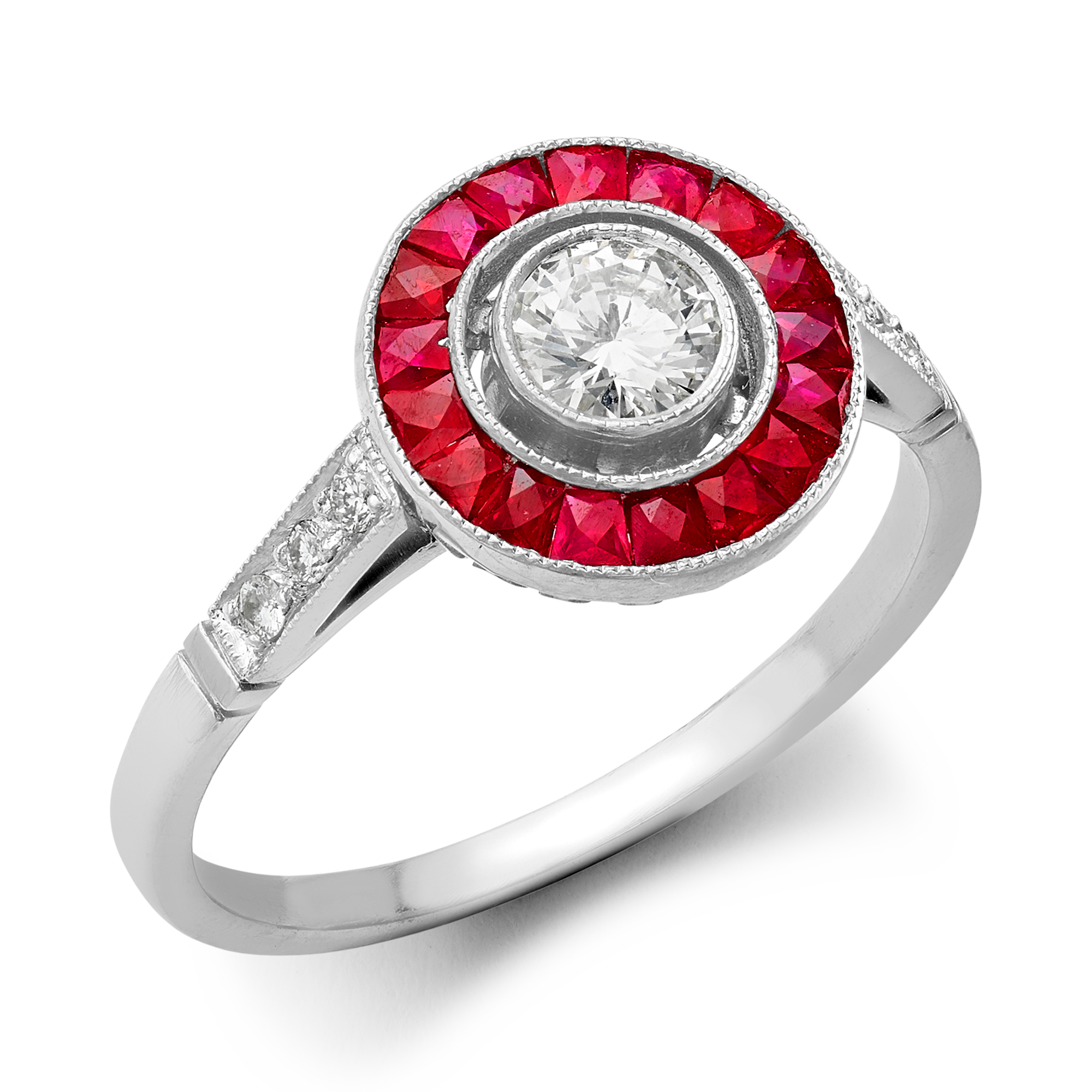 Art Deco Inspired 0.34ct Ruby and Diamond Target Ring Brilliant Cut, Millegrain Set_1