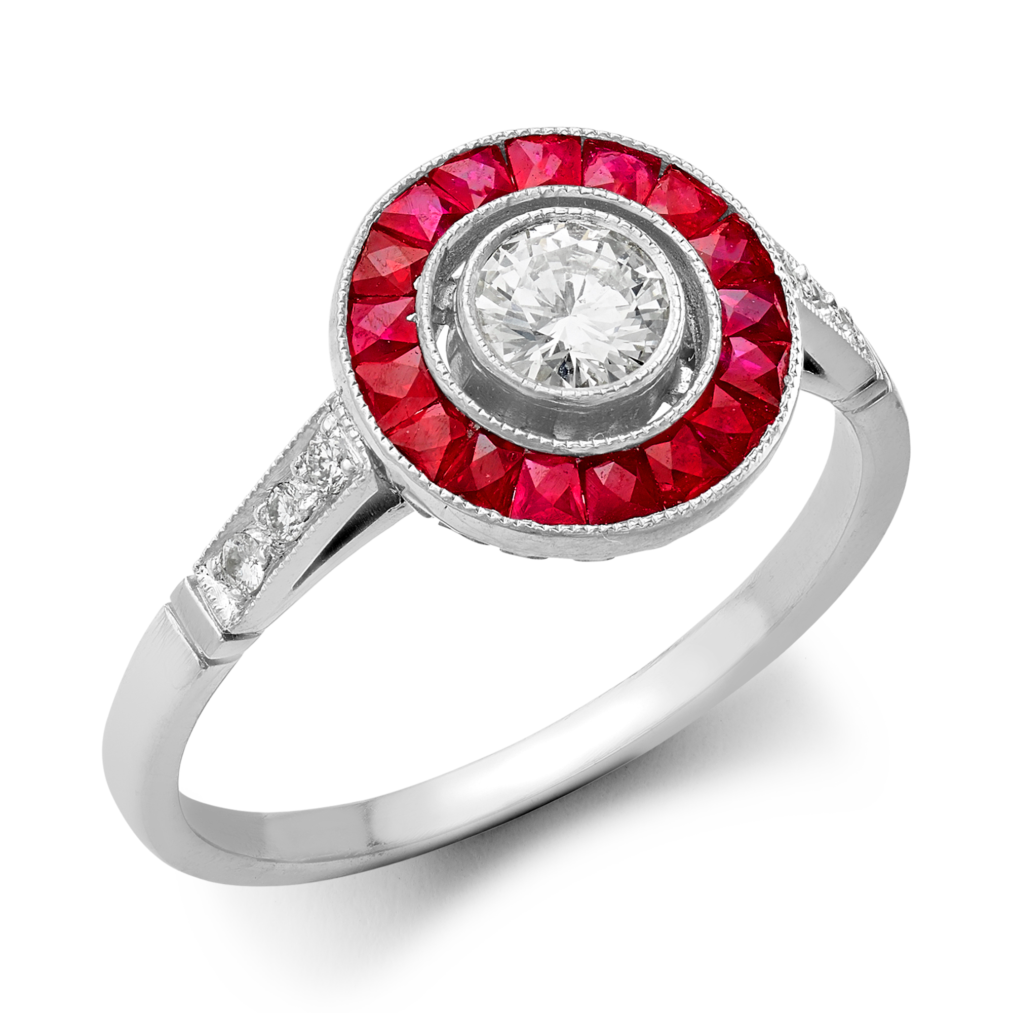 Art Deco Inspired Diamond & Ruby Target Ring Brilliant & Calibre Cut, Millegrain Set_1