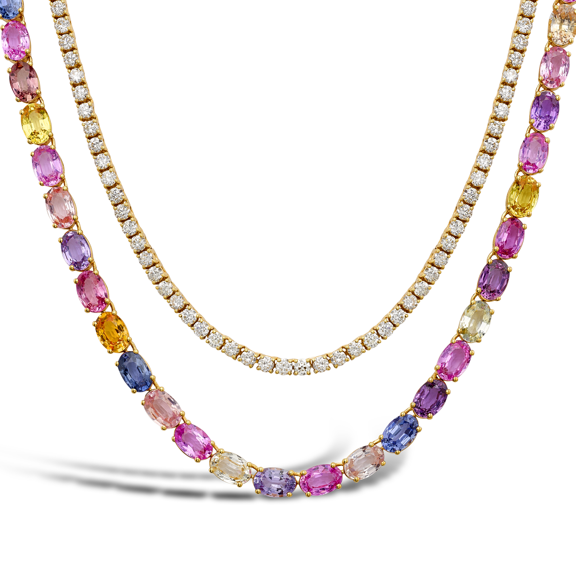 Rainbow Fancy Sapphire and Diamond Two-Row Necklace Oval Cut, Claw Set_2